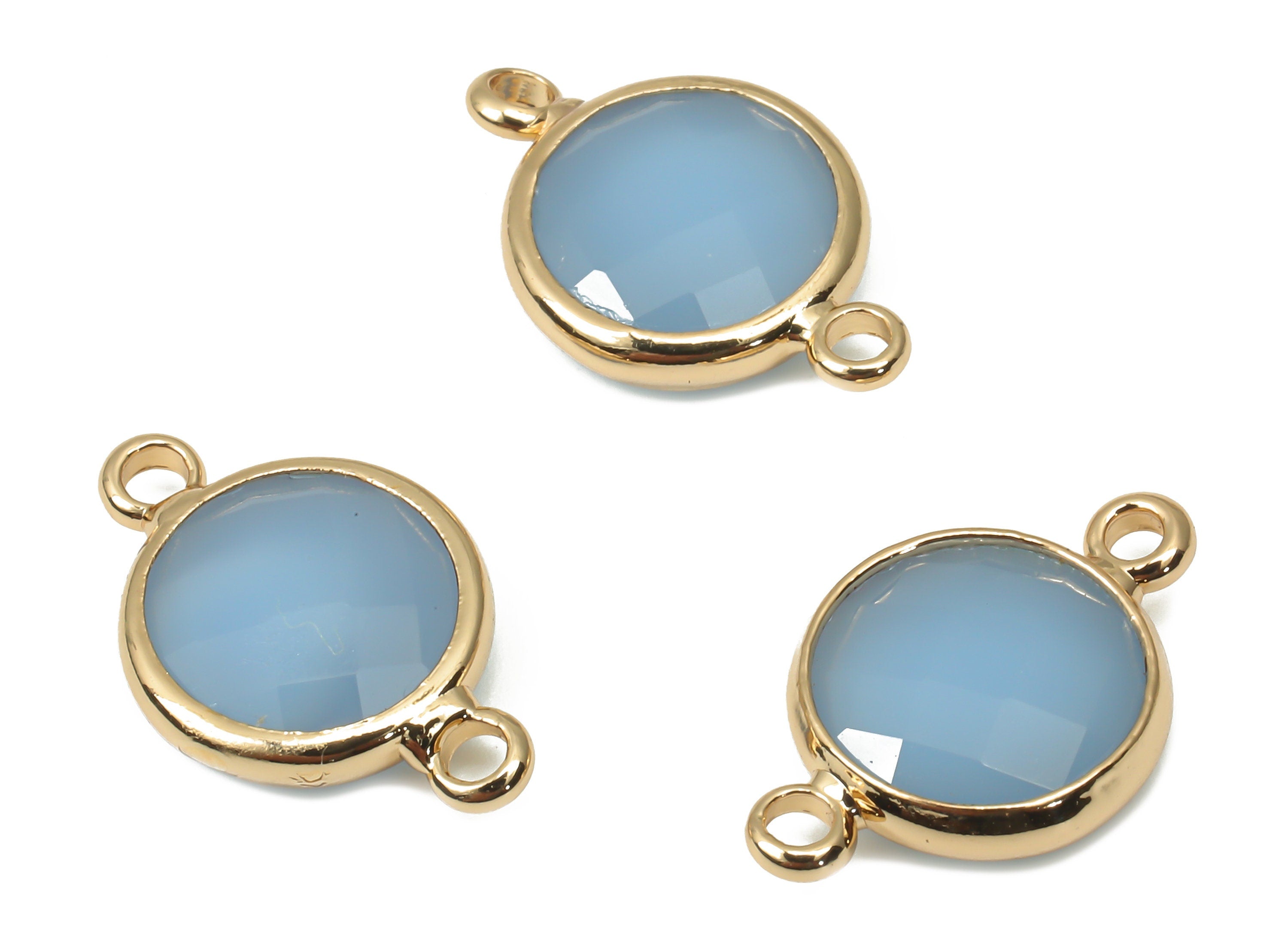Brass Glass Diamond Earring Connector - Light Blue Round Frame Bracelet - Gold Tone Plated Brass - Faceted Glass - 16.8x10.7x4.4mm - GS1135B - DOMEDBAZAAR