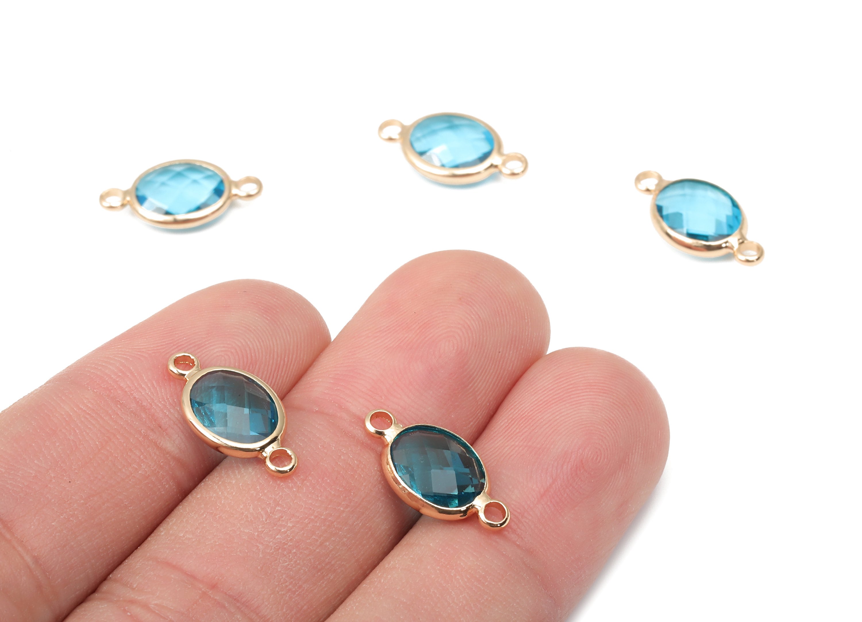 Brass Glass Oval Earring Connector - Clear Blue Oval Frame Bracelet - Gold Tone Plated Brass - Faceted Glass - 16.6x8.6x3.8mm - GS1137A - DOMEDBAZAAR