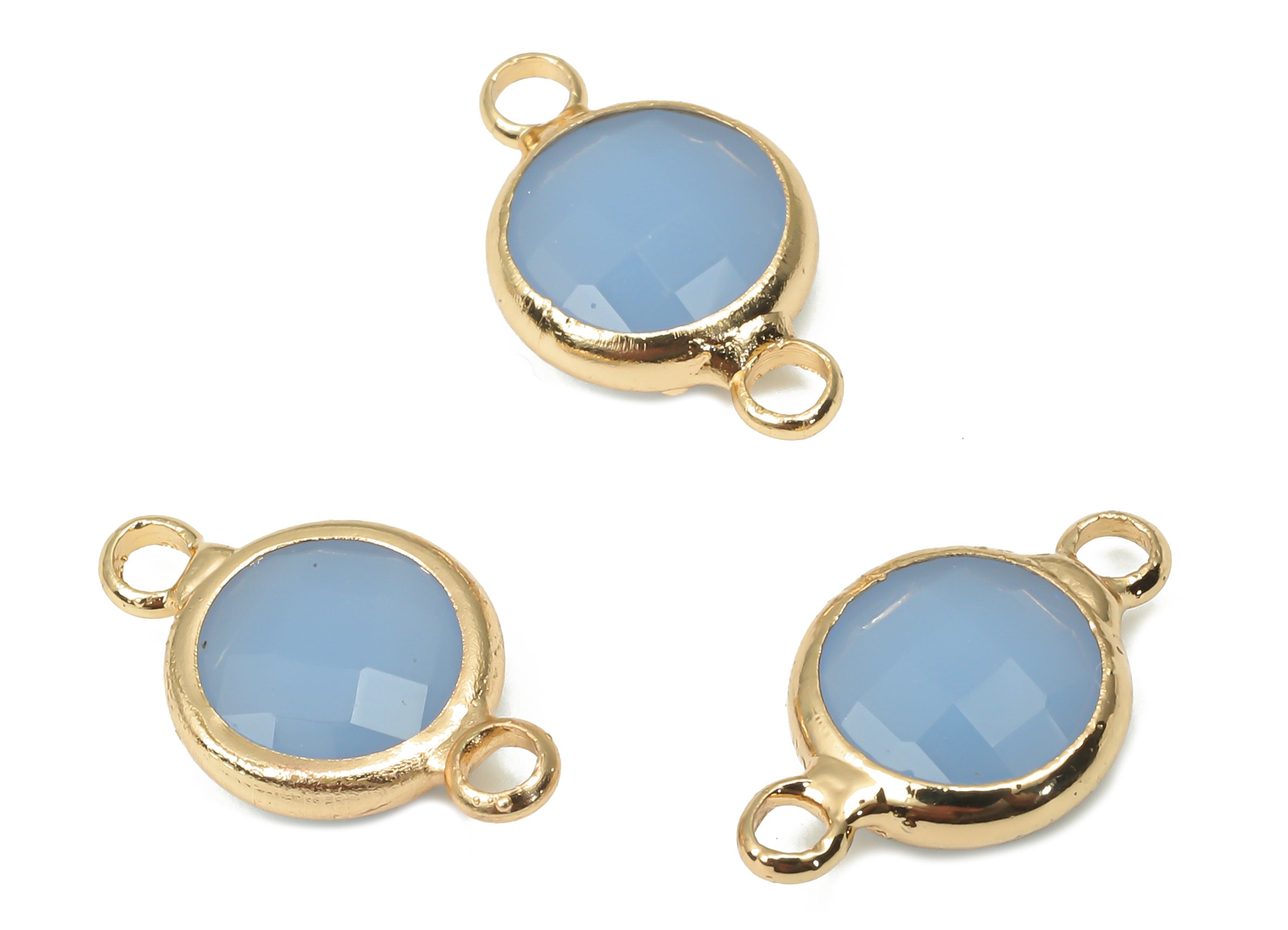 Brass Glass Round Earring Connector - Light Blue Circle Frame Bracelet - Gold Tone Plated Brass - Faceted Glass - 14.4x8.7x3.3mm - GS1138B - DOMEDBAZAAR