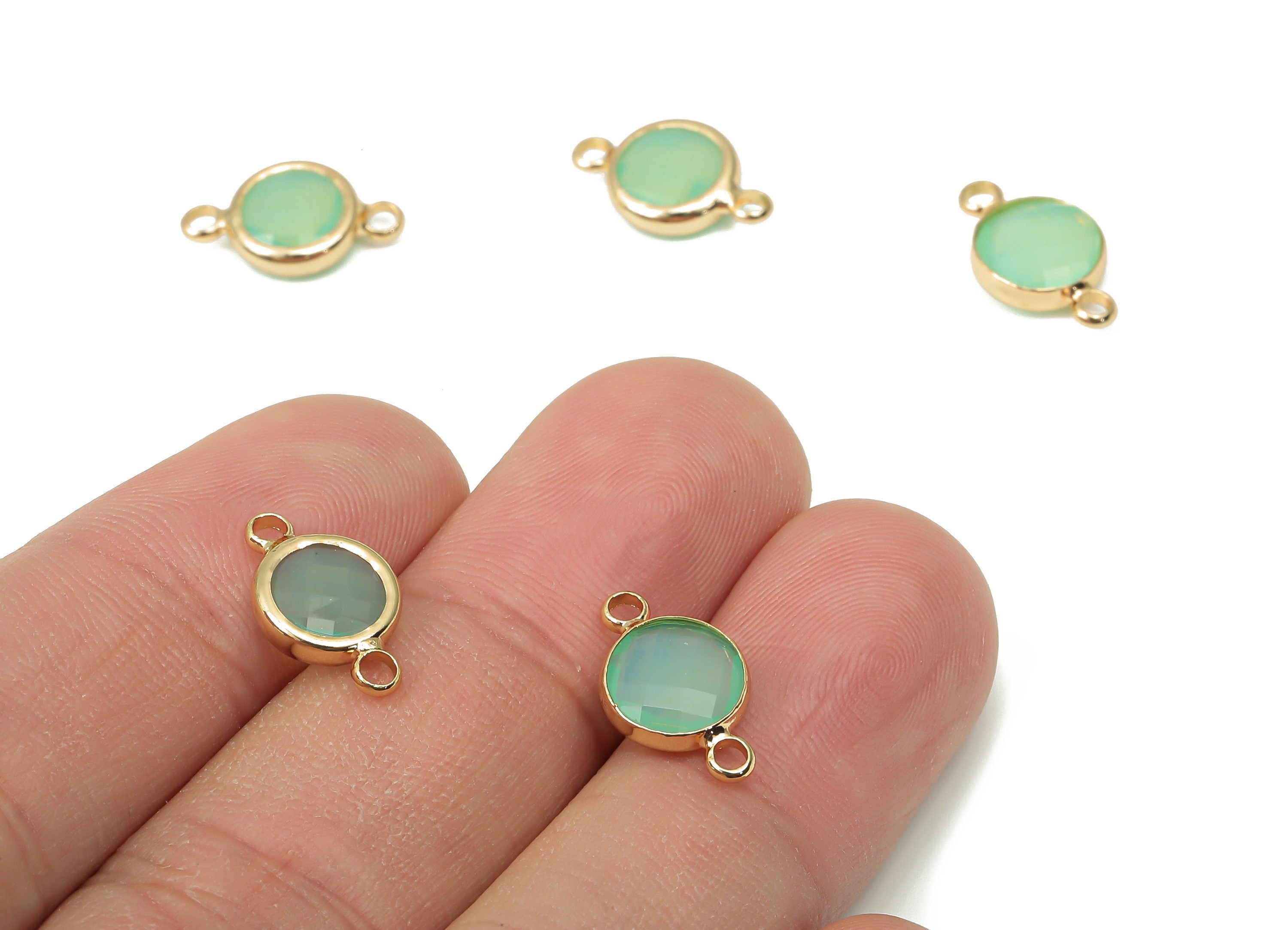 Brass Glass Round Earring Connector - Green Circle Frame Bracelet - Gold Tone Plated Brass - Faceted Glass - 14.4x8.7x3.3mm - GS1138A - DOMEDBAZAAR