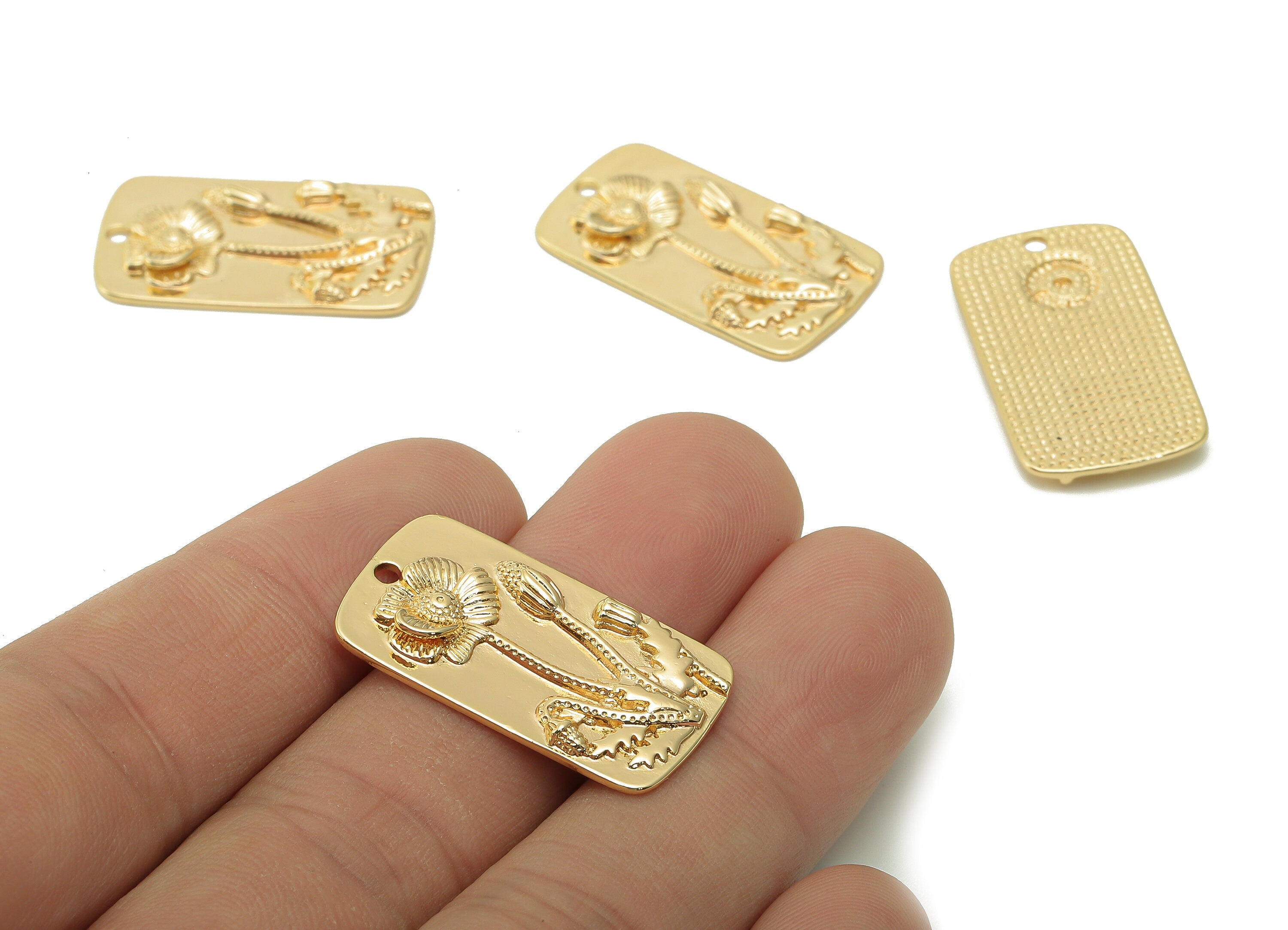 Brass Rectangle Flower Earring Charms - Gold Plant Rectangle Pendant - Botanical Charm - 18K Real Gold Plating - 28.6x16x2.7mm - RGP5386 - DOMEDBAZAAR