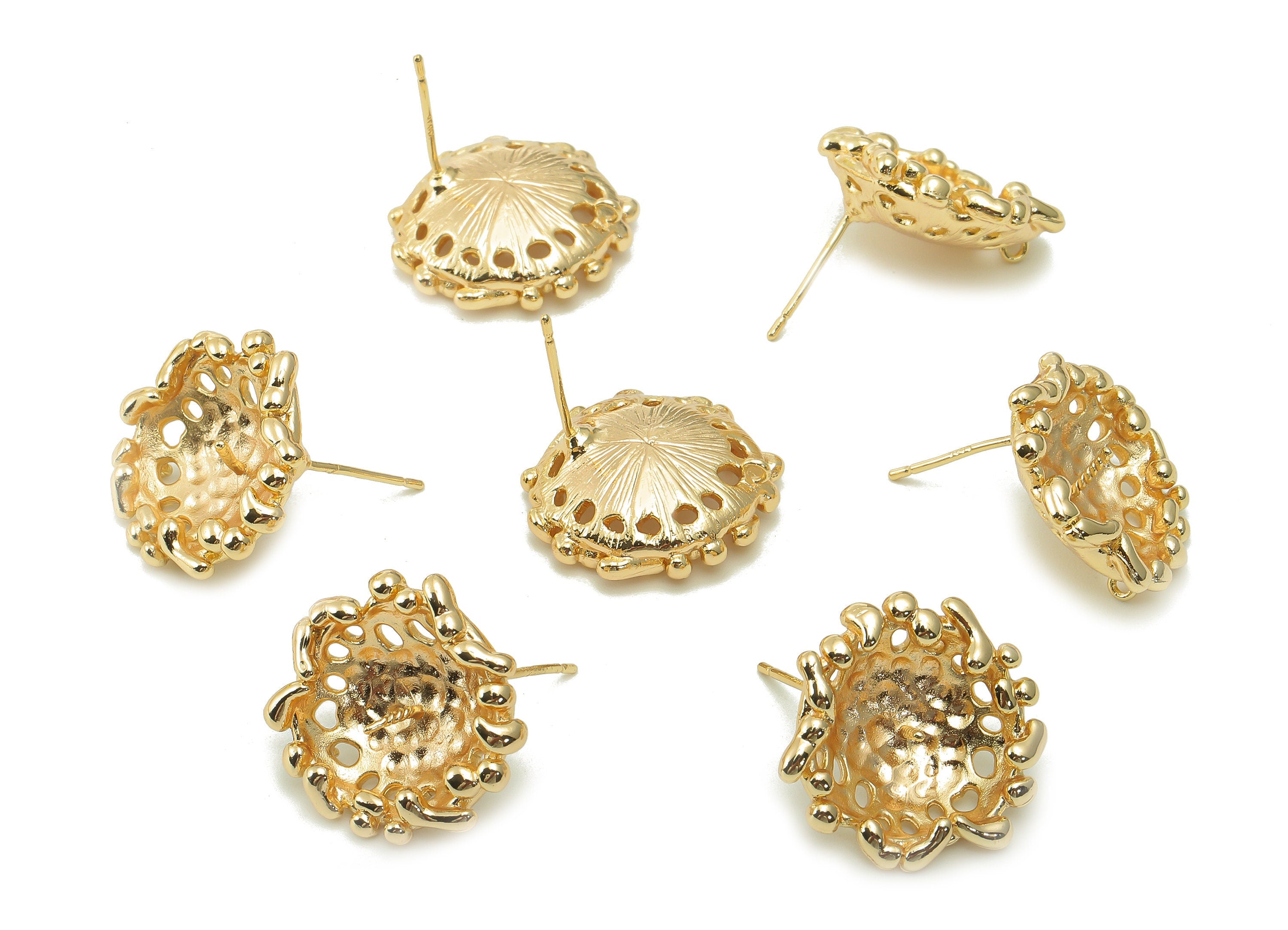 Brass Flower Earring Post - Gold Earring Stud - 925 Silver Stud - 18K Real Gold Plated Brass - 20.7x20x2.3mm - RGP5383 - DOMEDBAZAAR