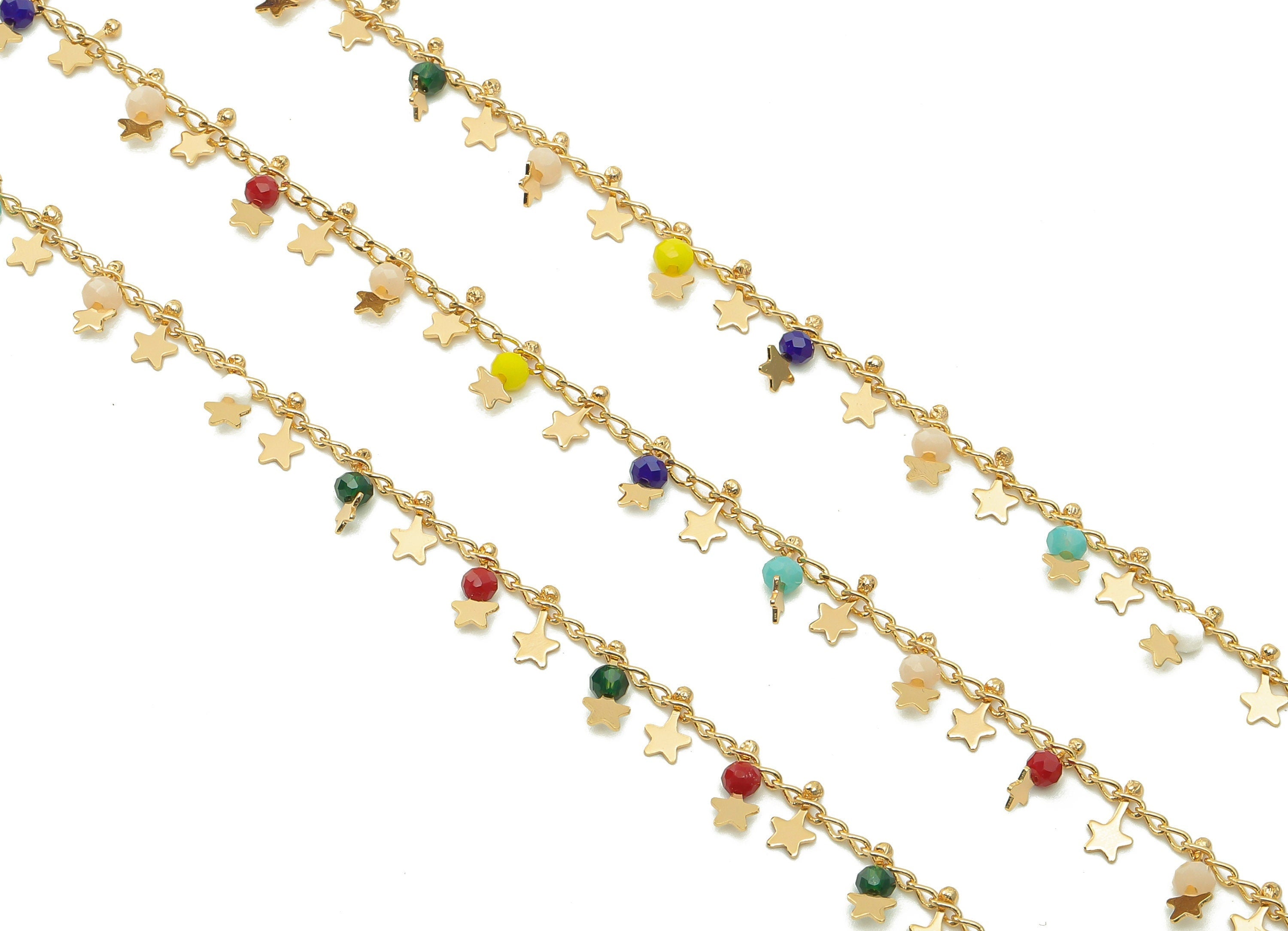 Brass Star Curb Beaded Chain - Acrylic Rainbow Bead Satellite Chain - Oval Charm For Bracelet - 18K Real Gold Plating -8.5x3.7x2.4mm-RGP5378 - DOMEDBAZAAR