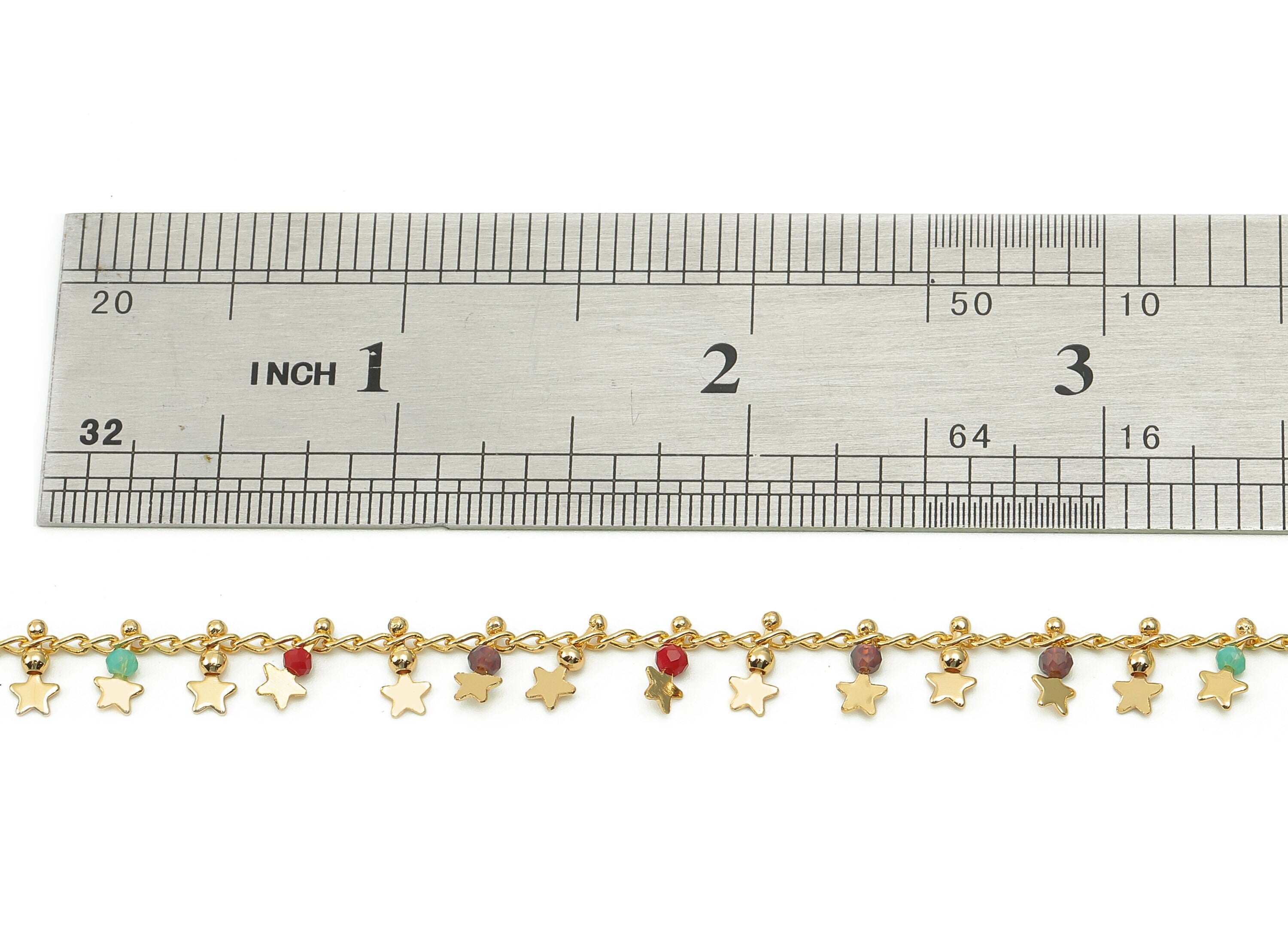 Brass Star Curb Beaded Chain - Acrylic Rainbow Beads Satellite Chain - Oval Charm For Bracelet - 18K Real Gold Plating-8.5x3.7x2.4mm-RGP5377 - DOMEDBAZAAR