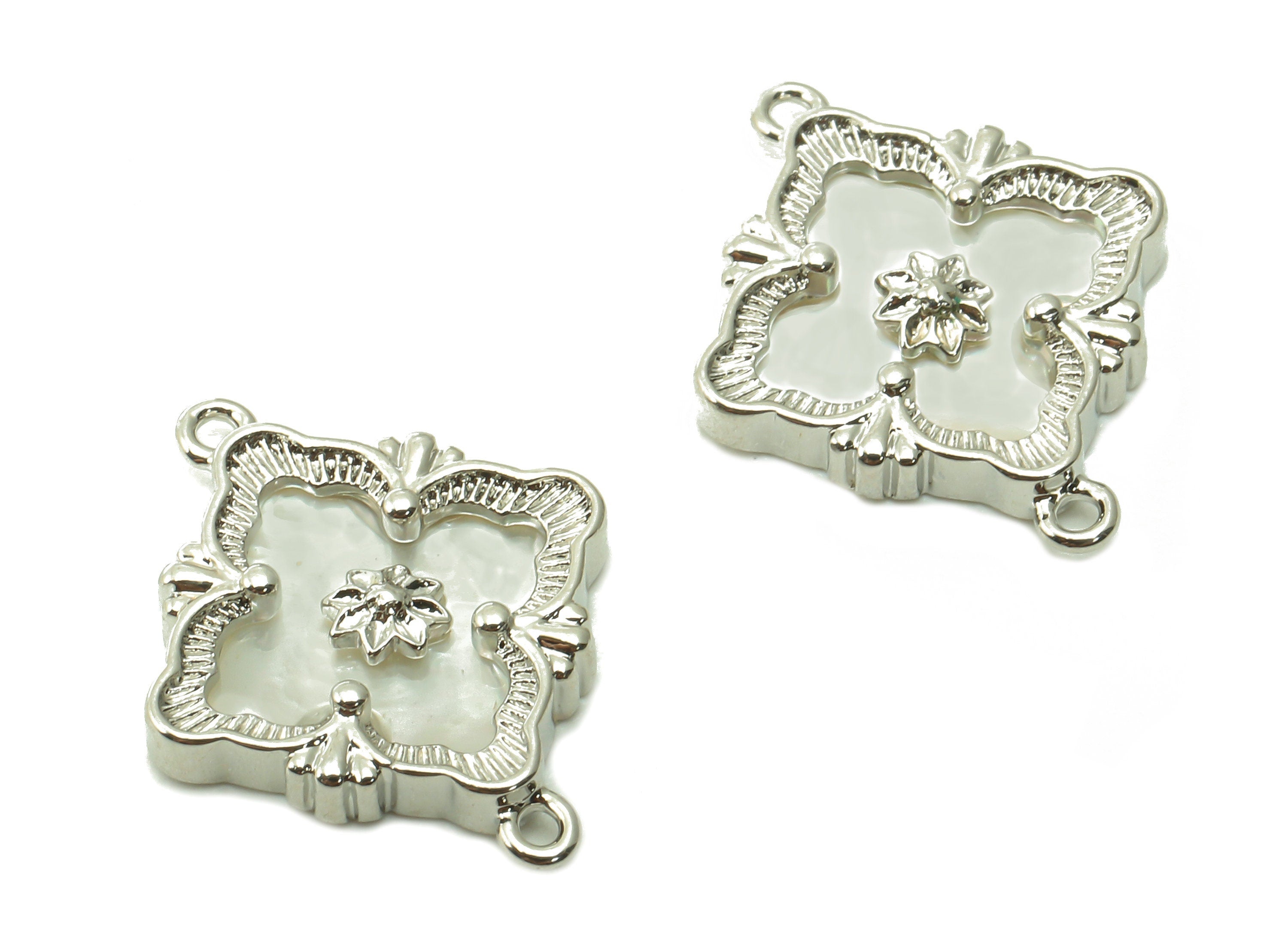 Brass Diamond Flower Connectors - MOP Shell Zircon Rhombus - 18K Real White Gold Plating Bracelet - For Necklace - 17.5x13.9x2.4mm - RGP5374 - DOMEDBAZAAR