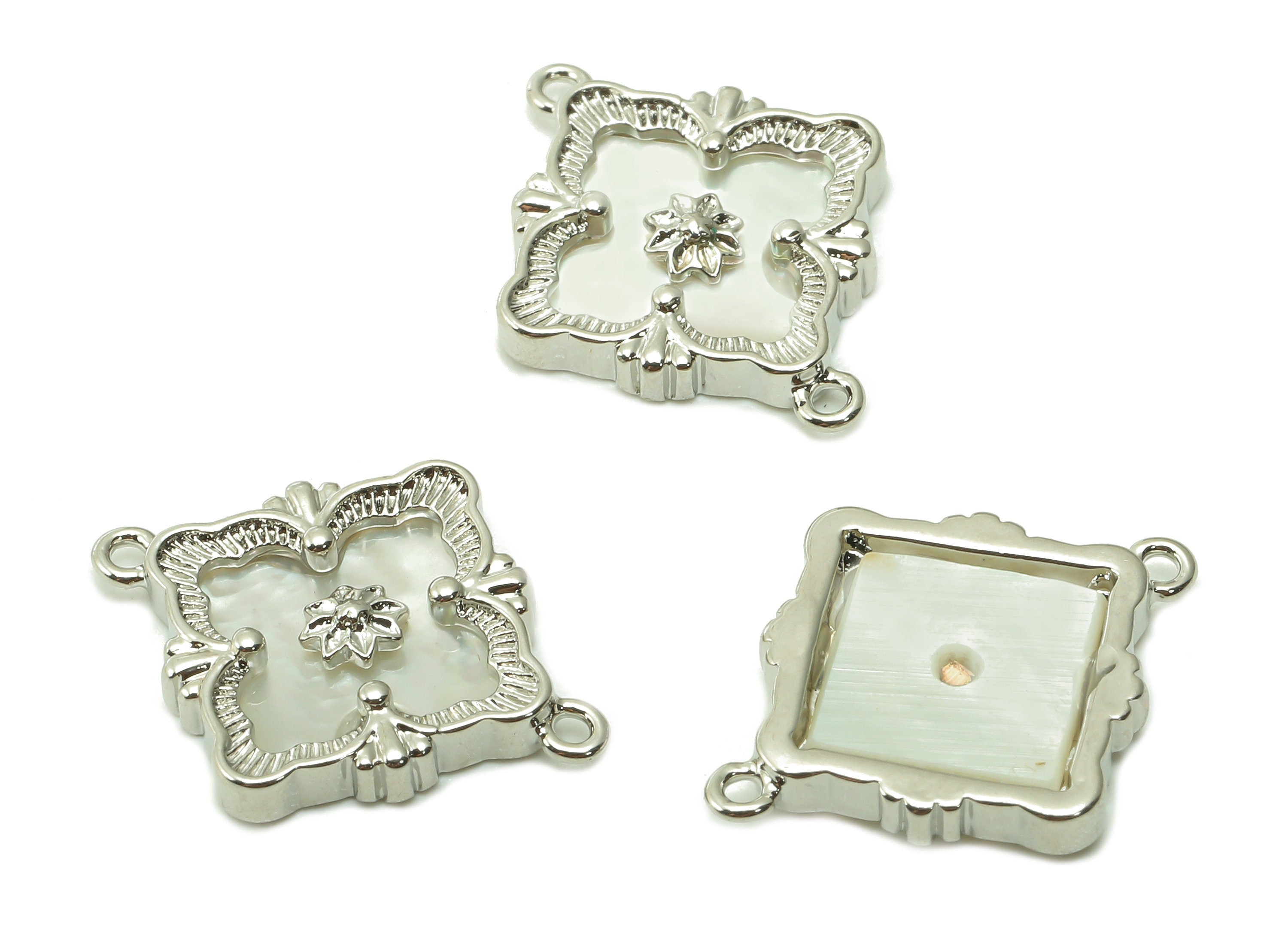 Brass Diamond Flower Connectors - MOP Shell Zircon Rhombus - 18K Real White Gold Plating Bracelet - For Necklace - 17.5x13.9x2.4mm - RGP5374 - DOMEDBAZAAR