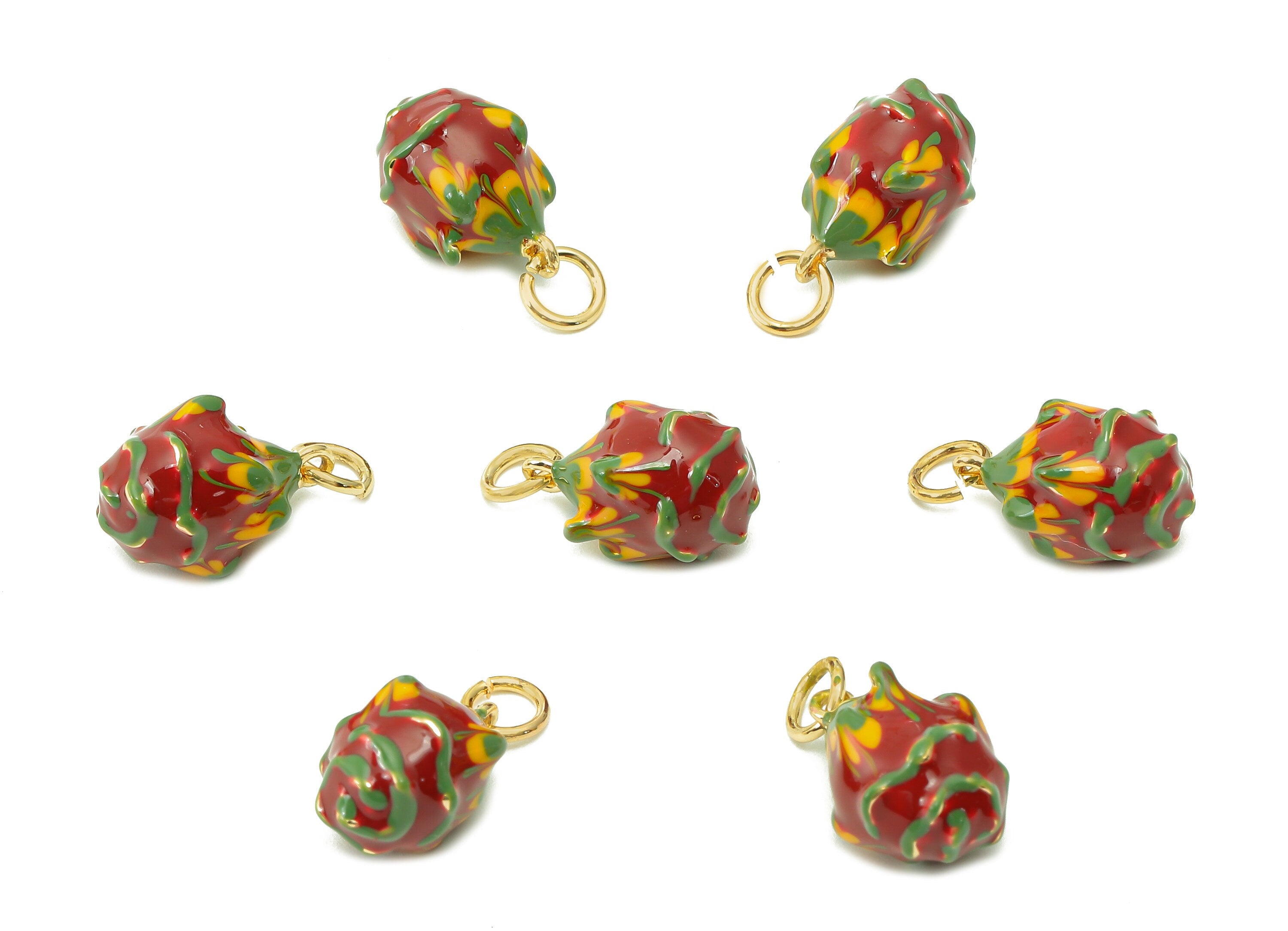 Brass Red Pitaya Earring Charm - Enamel Mini Dragon Fruit Charm - Figure Pendant With Loop - 18K Real Gold Plating - 14x8.3x8.3mm - RGP5371 - DOMEDBAZAAR