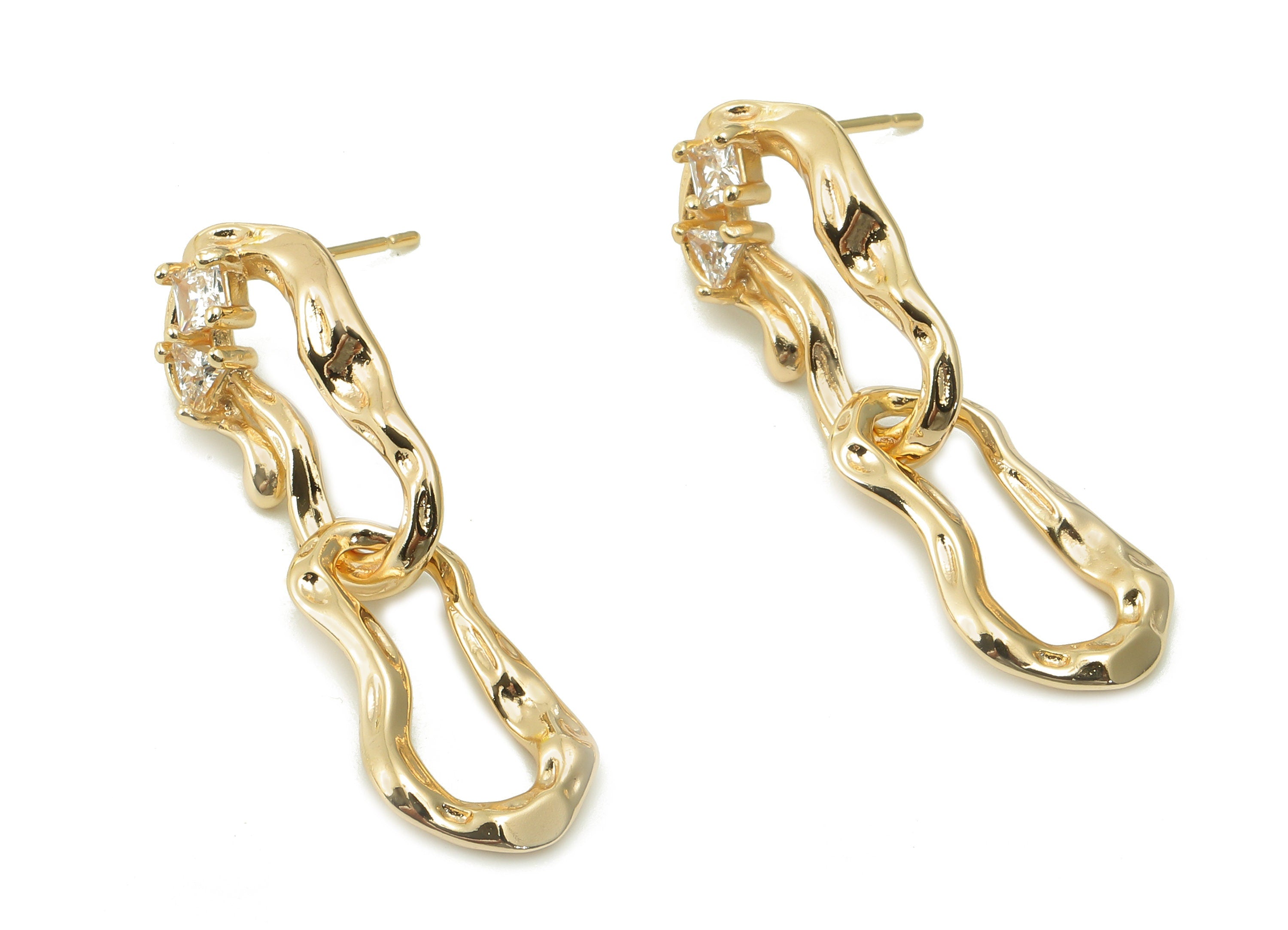 Brass Geometry Earring Post - Zircon Melting Oval Hanging Stud Earring - 925 Silver Needle - 18K Real Gold Plating Chain - 37x12x3mm-RGP5387 - DOMEDBAZAAR