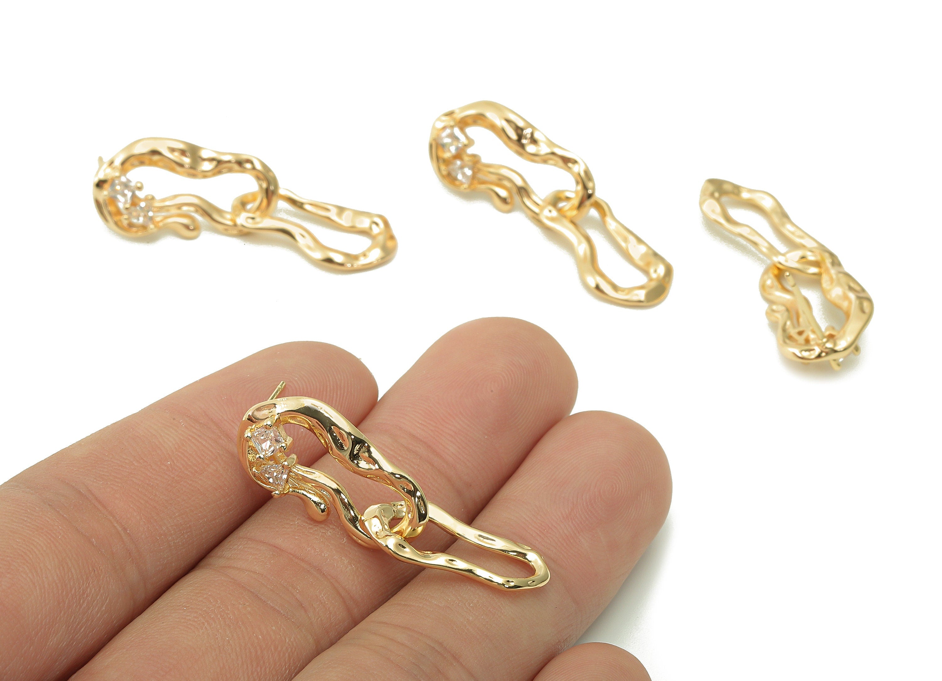 Brass Geometry Earring Post - Zircon Melting Oval Hanging Stud Earring - 925 Silver Needle - 18K Real Gold Plating Chain - 37x12x3mm-RGP5387 - DOMEDBAZAAR