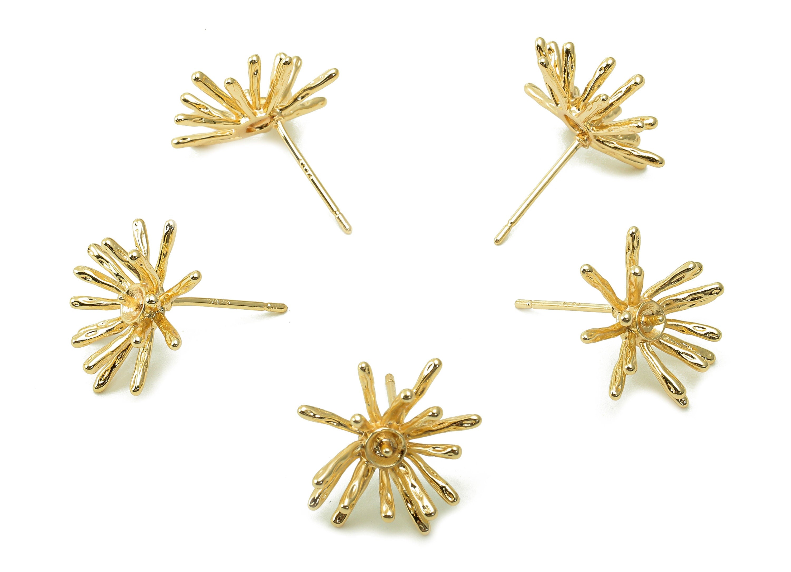 Brass Flower Earring Post - Gold Earring Stud - Spike Stud Earring - 925 Silver Needle - 18K Real Gold Plating - 15.2x15.3x1.3mm - RGP5388 - DOMEDBAZAAR