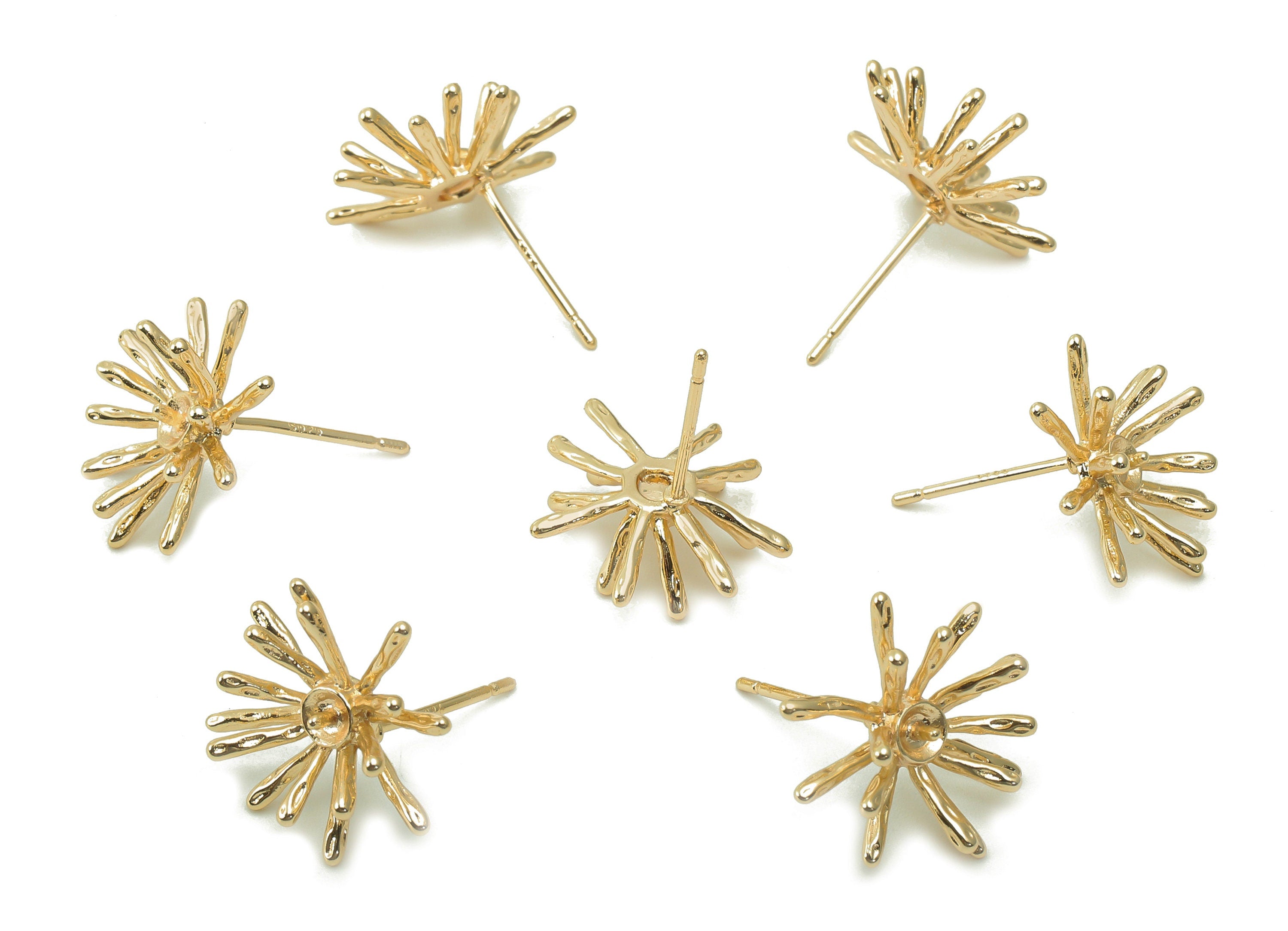 Brass Flower Earring Post - Gold Earring Stud - Spike Stud Earring - 925 Silver Needle - 18K Real Gold Plating - 15.2x15.3x1.3mm - RGP5388 - DOMEDBAZAAR