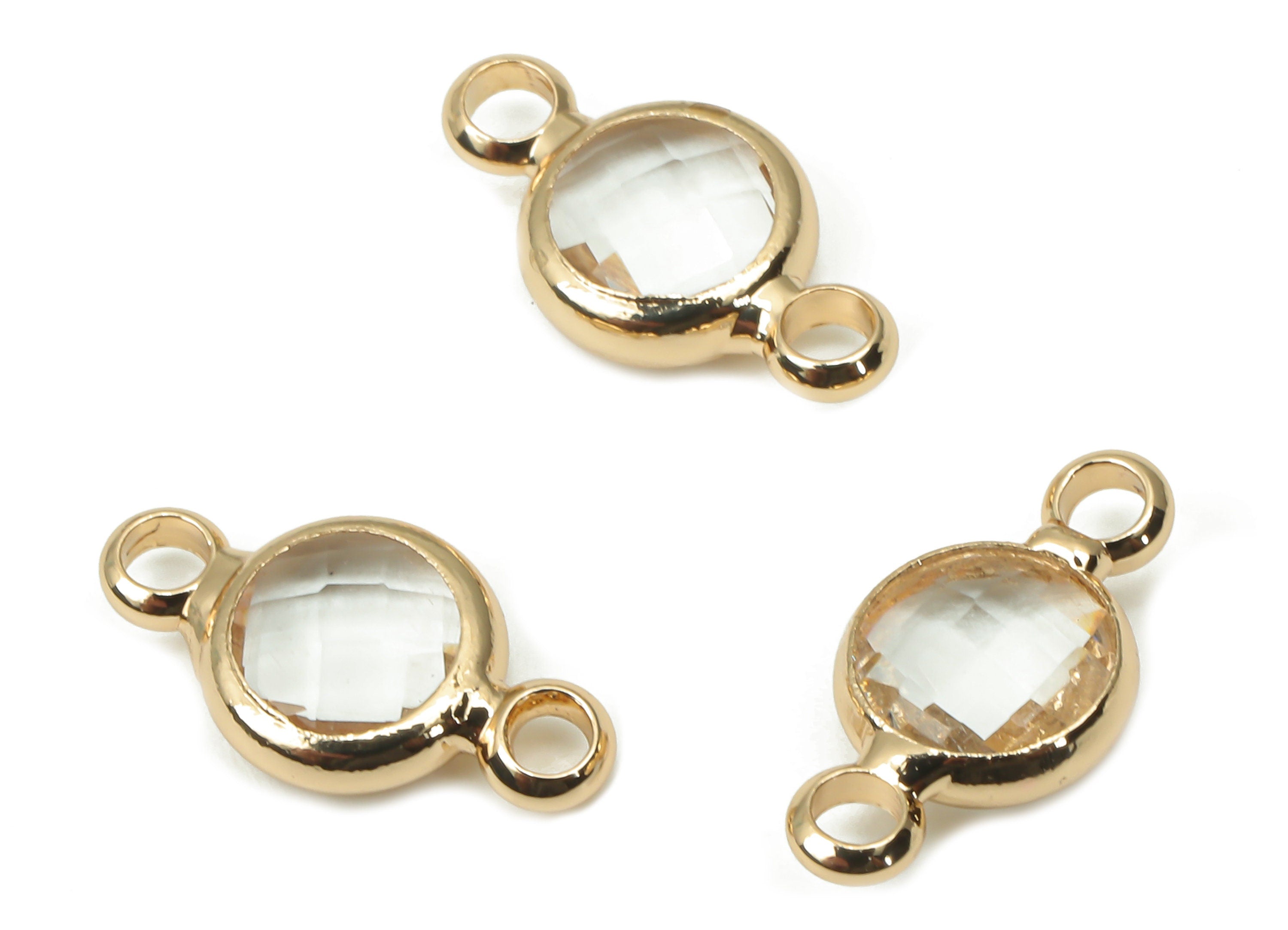 Brass Clear Glass Earring Connector - Mini Round Frame Bracelet Charm - Gold Tone Plating - Faceted Transparent Glass-12.5x6.7x2.3mm-GS1139B - DOMEDBAZAAR