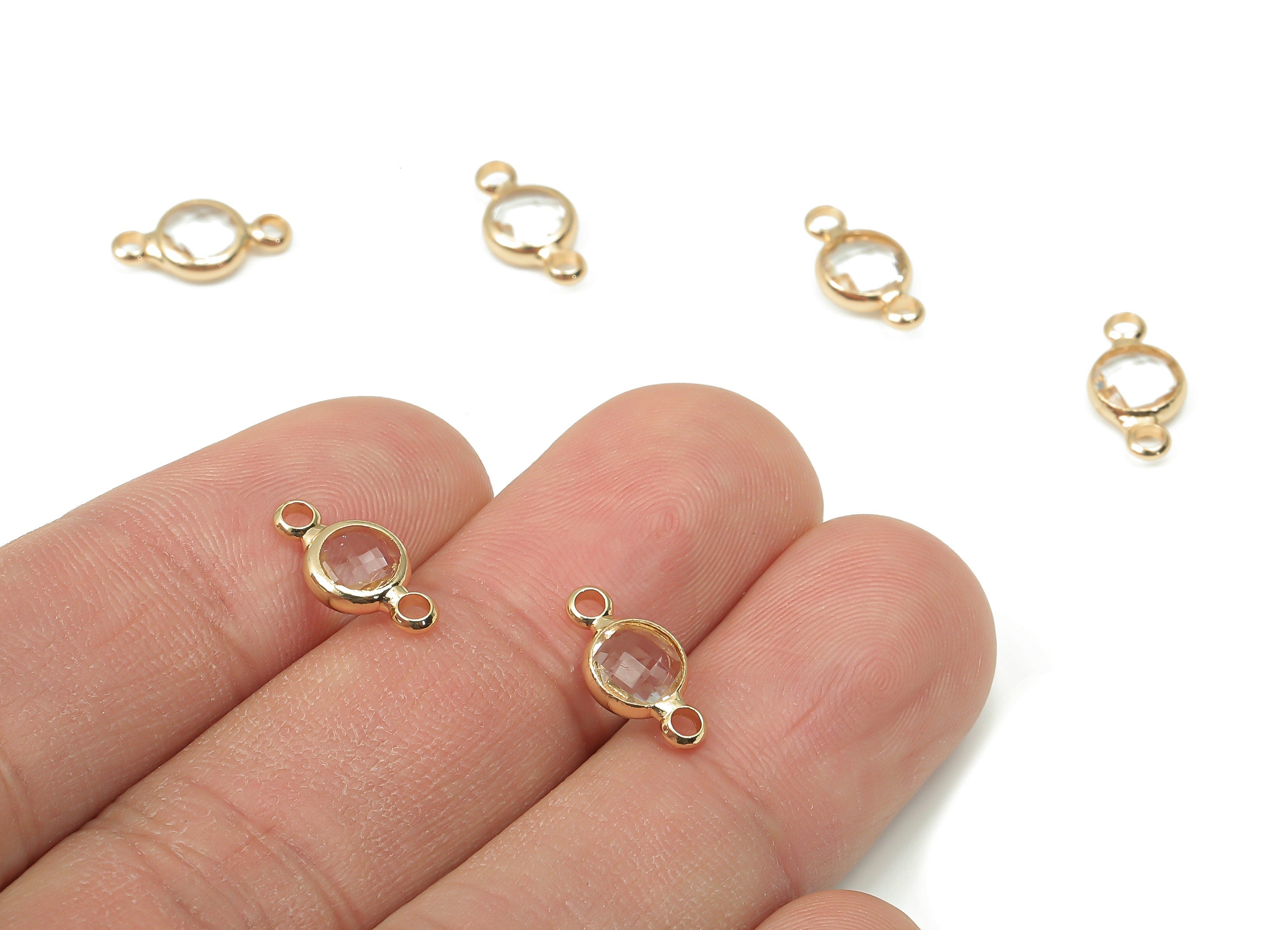 Brass Clear Glass Earring Connector - Mini Round Frame Bracelet Charm - Gold Tone Plating - Faceted Transparent Glass-12.5x6.7x2.3mm-GS1139B - DOMEDBAZAAR