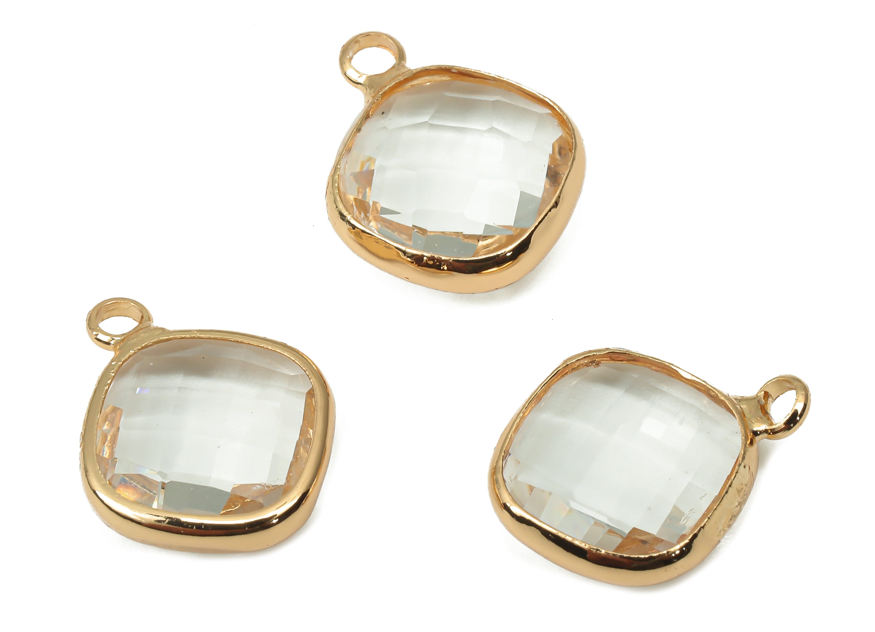 Square Clear Glass Pendant - Brass Frame Necklace With Loop - Gold Tone Plating Earring - Faceted Transparent Glass - 14.4x11.5x4mm -GS1140A - DOMEDBAZAAR