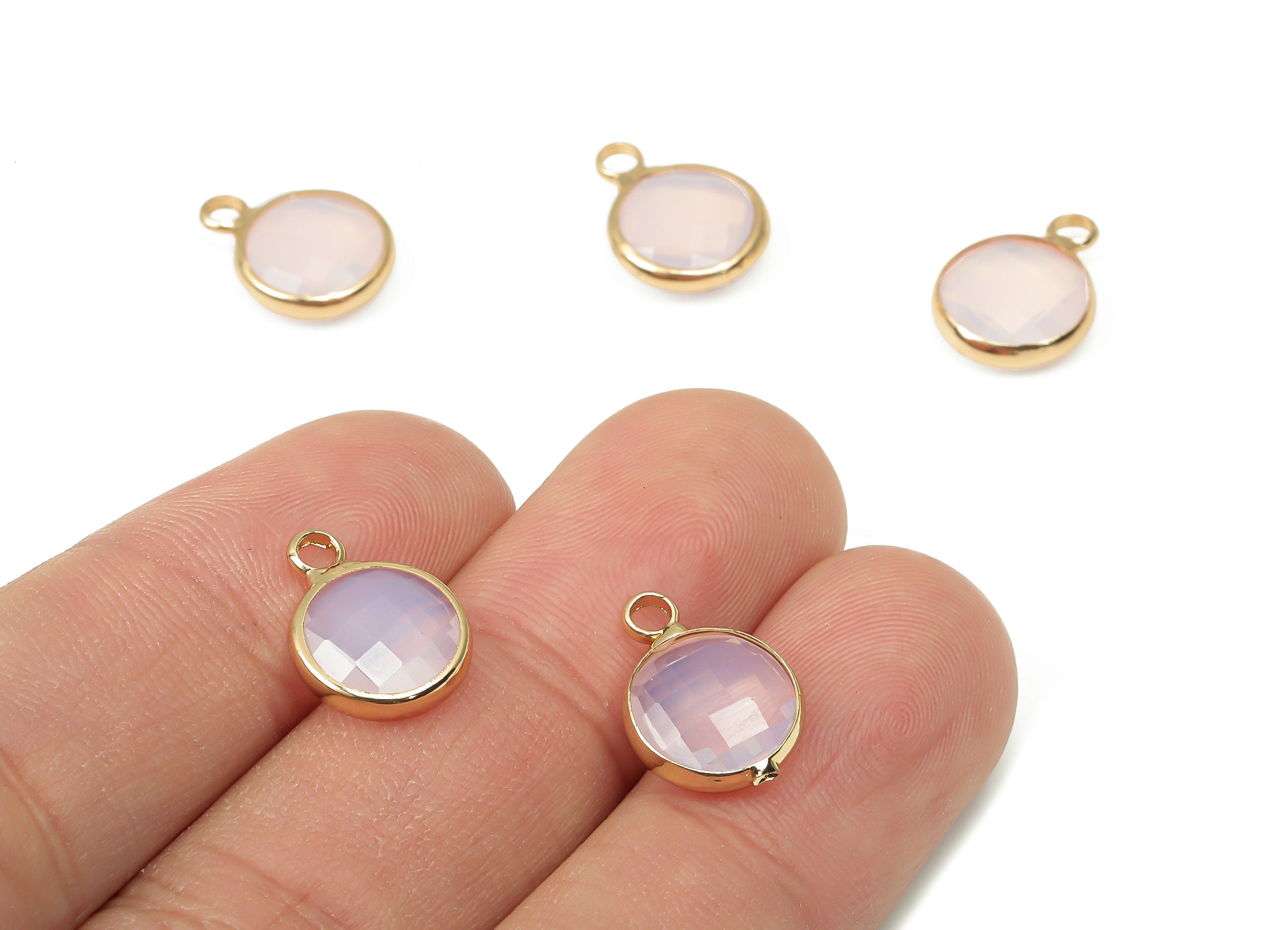 Brass Round Glass Pendant - Brass Frame Necklace Charm With Loop - Gold Tone Plating Earring - Faceted Pink Glass - 14.1x10.6x3.8mm -GS1141B - DOMEDBAZAAR