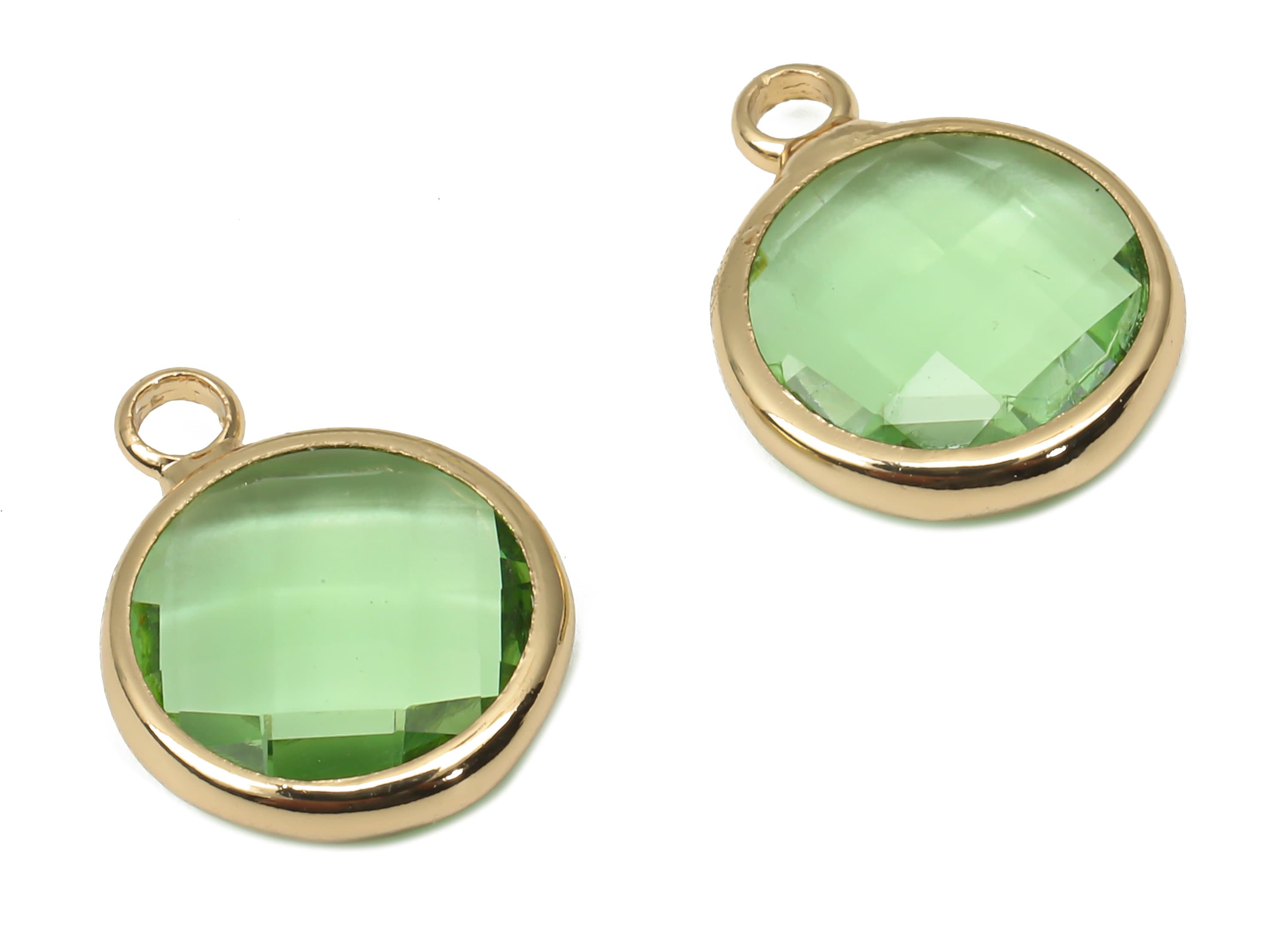 Brass Mini Round Glass Pendant - Brass Frame With Loop - Clear Green Circle Glass Charm - Gold Tone Plating Earring -14.1x10.6x3.8mm-GS1141G - DOMEDBAZAAR