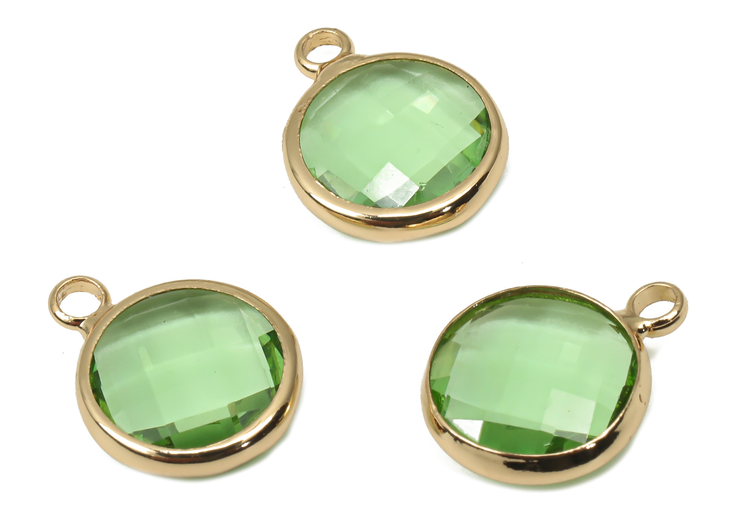 Brass Mini Round Glass Pendant - Brass Frame With Loop - Clear Green Circle Glass Charm - Gold Tone Plating Earring -14.1x10.6x3.8mm-GS1141G - DOMEDBAZAAR