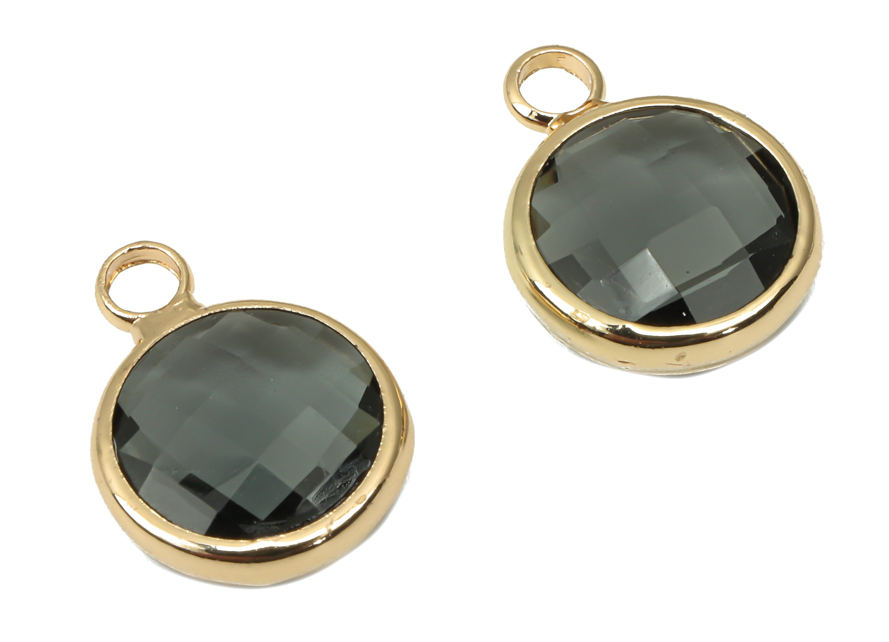Brass Round Black Glass Pendant - Brass Frame Necklace Charm With Loop - Gold Tone Plating Earring - Faceted Glass - 14.1x10.6x3.8mm-GS1141I - DOMEDBAZAAR