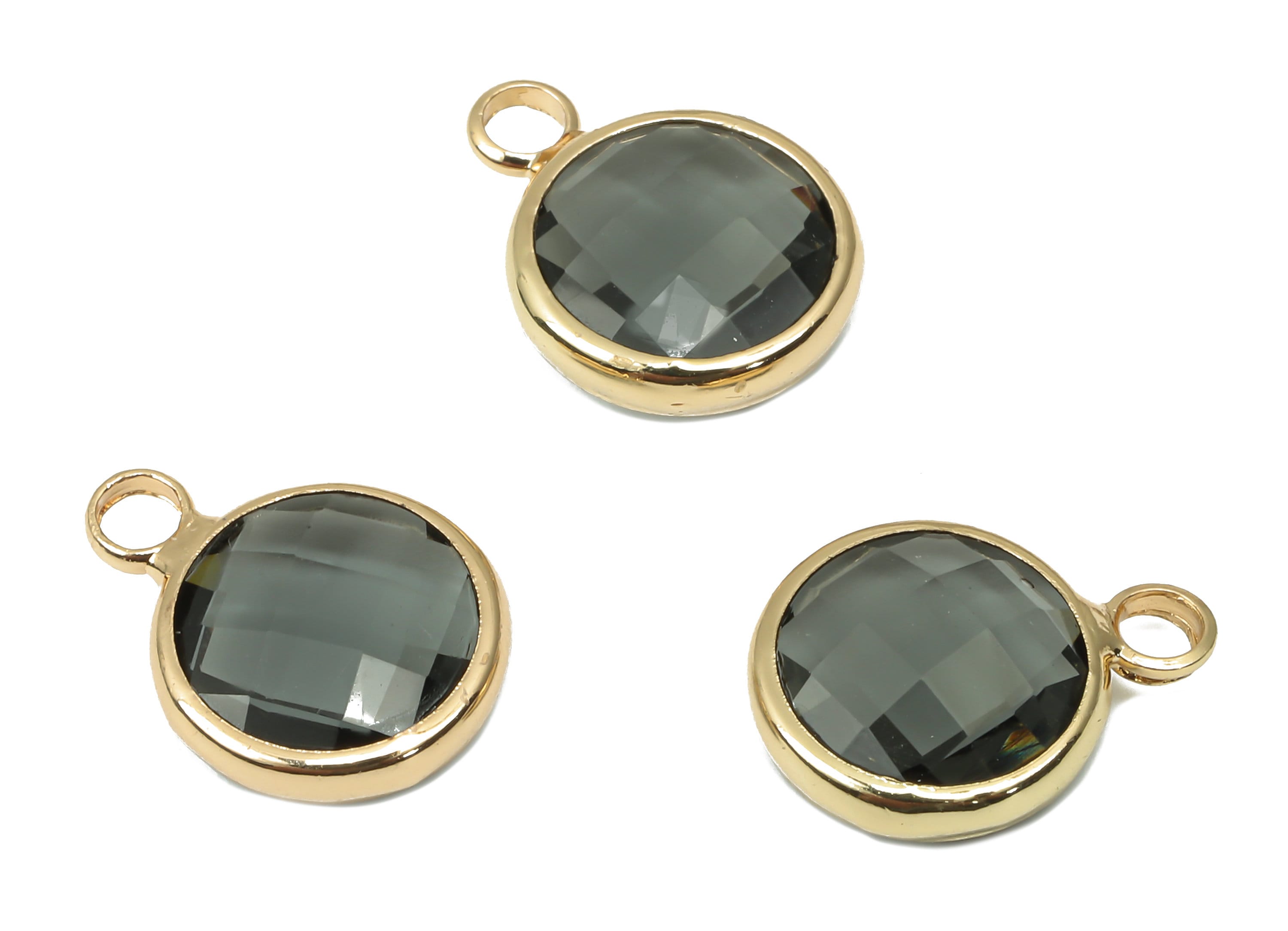 Brass Round Black Glass Pendant - Brass Frame Necklace Charm With Loop - Gold Tone Plating Earring - Faceted Glass - 14.1x10.6x3.8mm-GS1141I - DOMEDBAZAAR