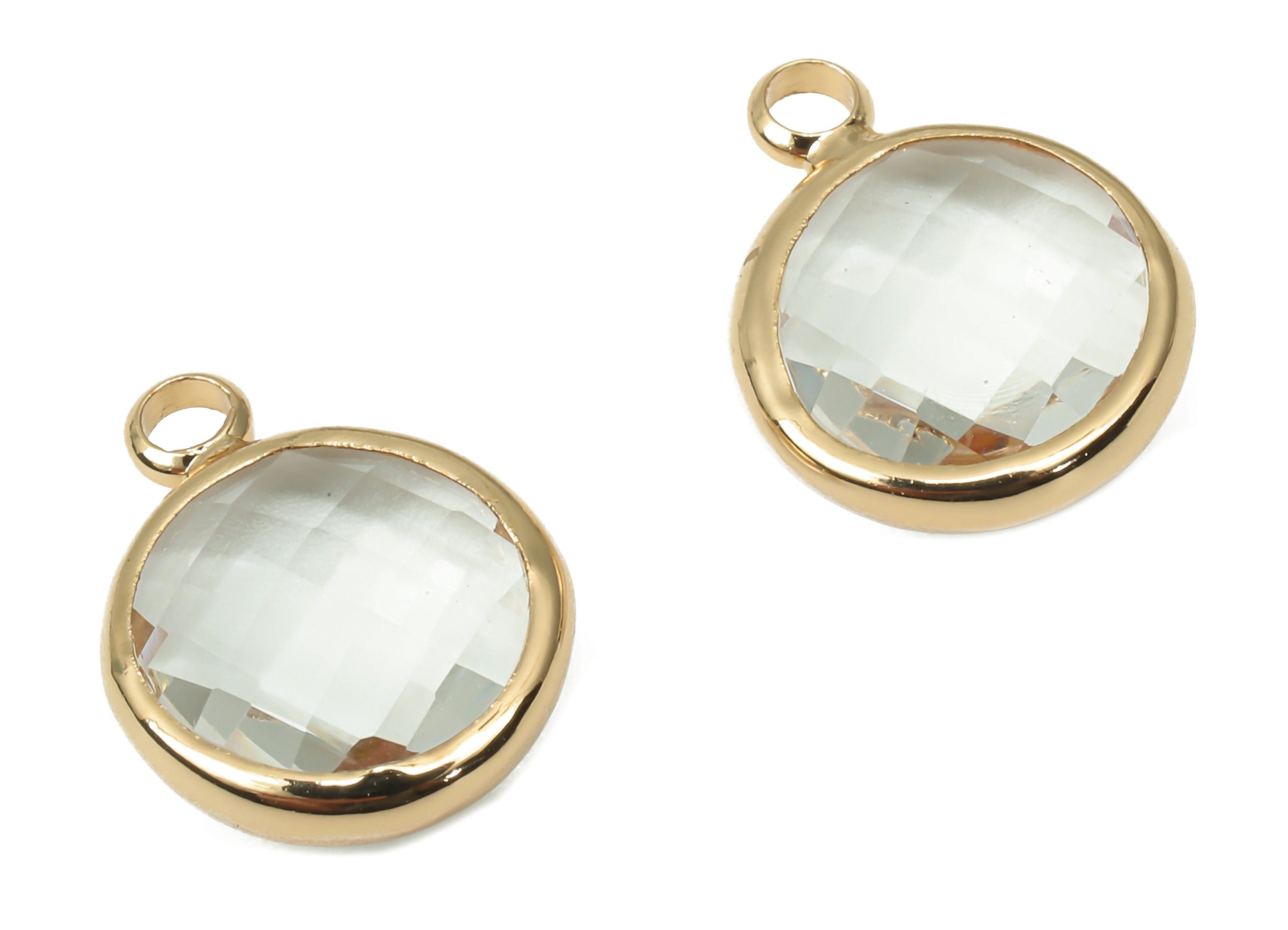 Brass Round Clear Glass Pendant - Brass Frame With Loop - Gold Tone Plating Earring - Faceted Transparent Glass - 14.1x10.6x3.8mm-GS1141J - DOMEDBAZAAR