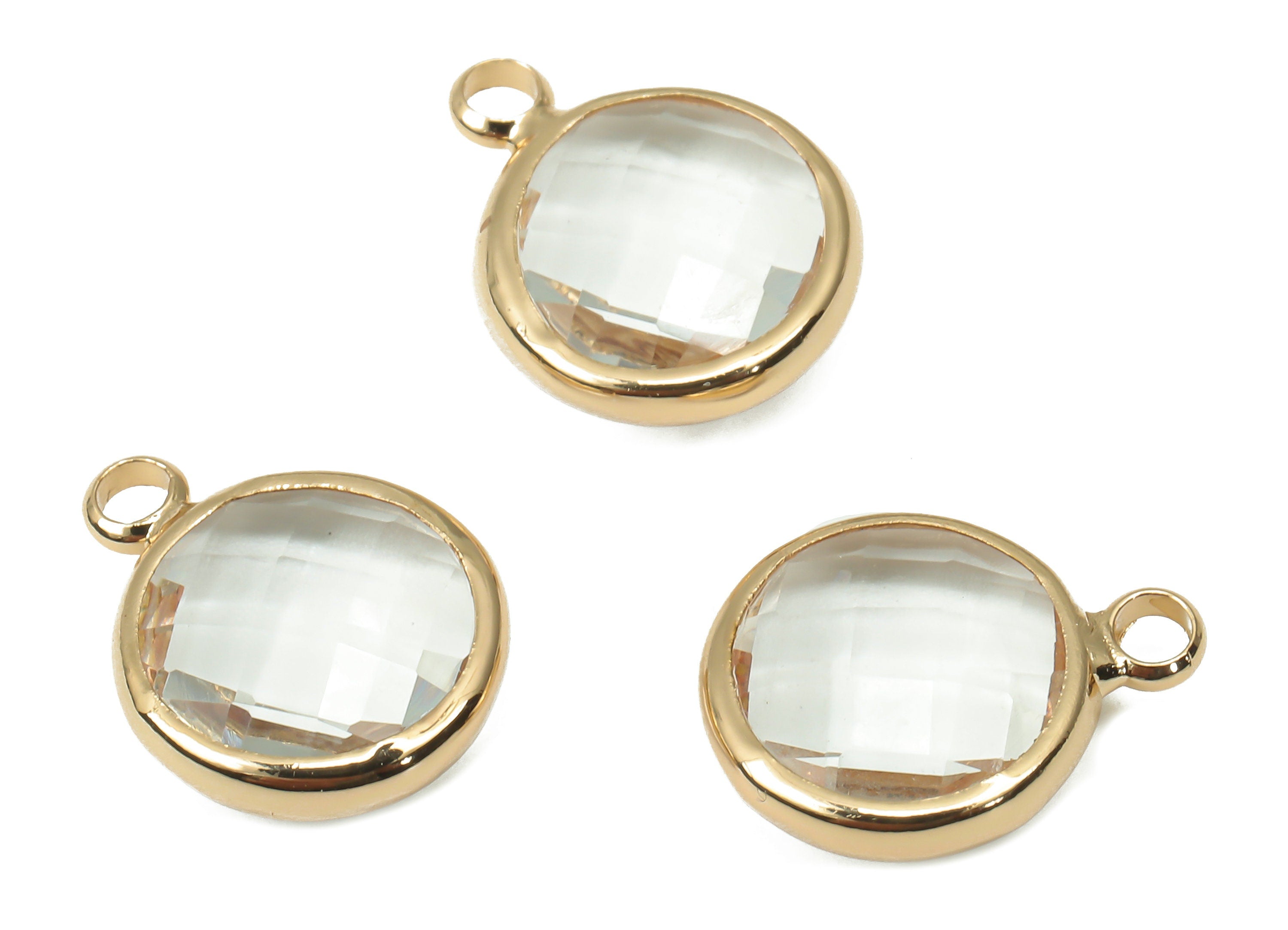 Brass Round Clear Glass Pendant - Brass Frame With Loop - Gold Tone Plating Earring - Faceted Transparent Glass - 14.1x10.6x3.8mm-GS1141J - DOMEDBAZAAR