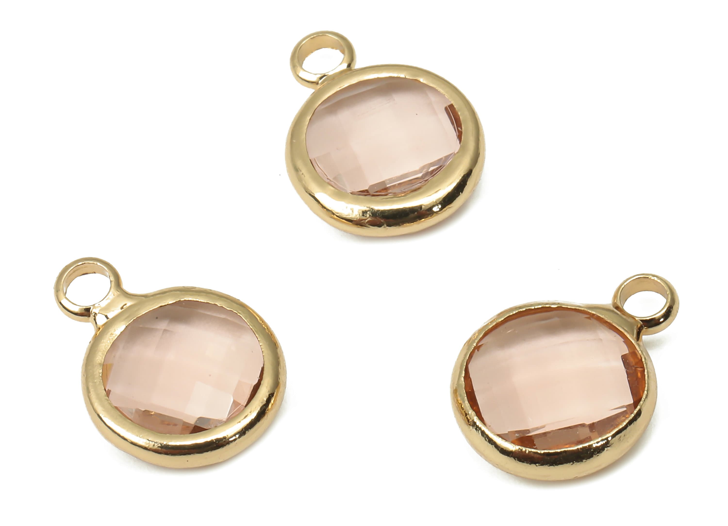 Brass Frame Glass Pendant - Round Frame Charm With Loop - Gold Tone Plating Earring - Faceted Clear Pink Glass - 11.5x8.7x3mm - GS1142C - DOMEDBAZAAR