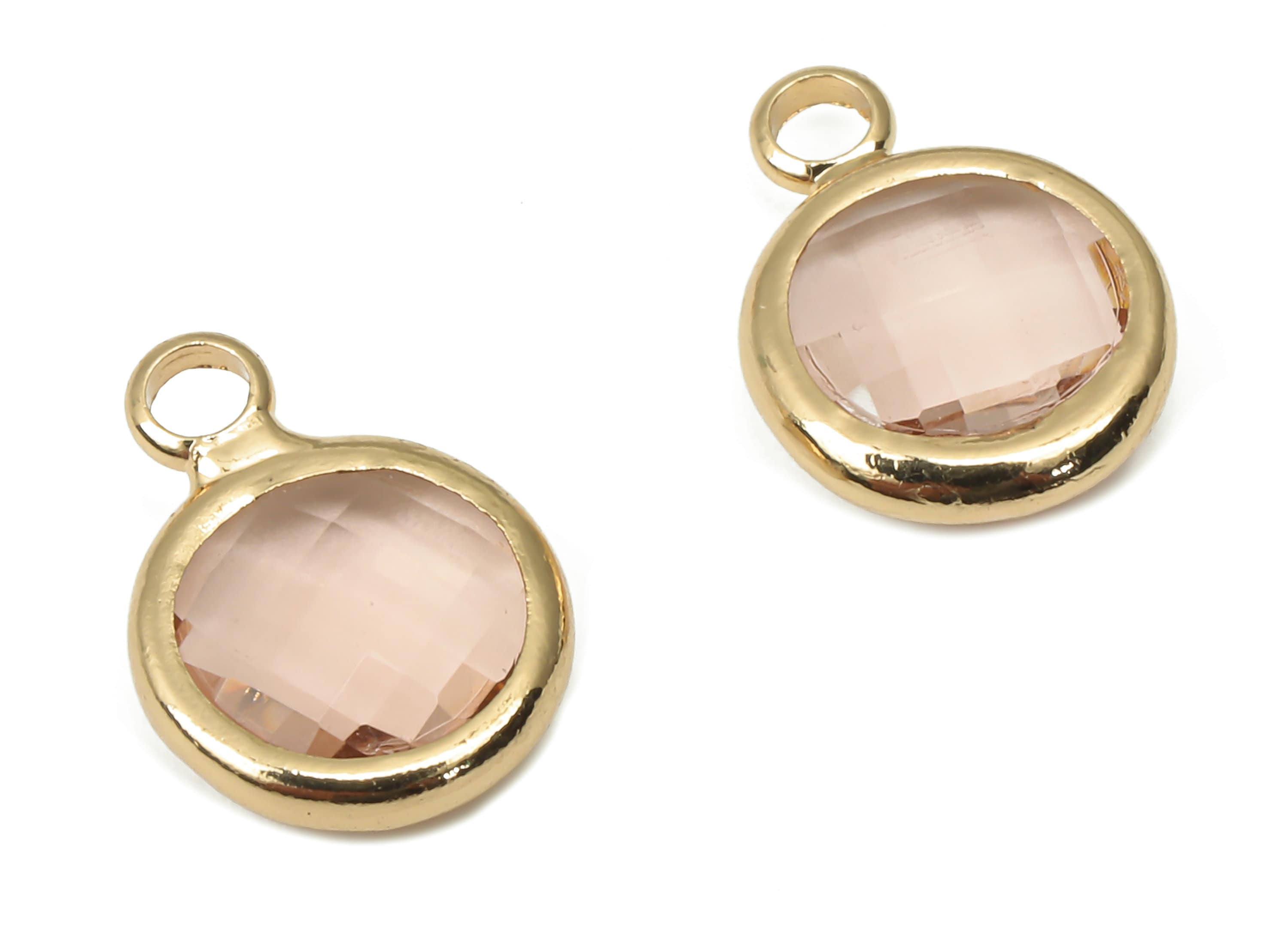 Brass Frame Glass Pendant - Round Frame Charm With Loop - Gold Tone Plating Earring - Faceted Clear Pink Glass - 11.5x8.7x3mm - GS1142C - DOMEDBAZAAR