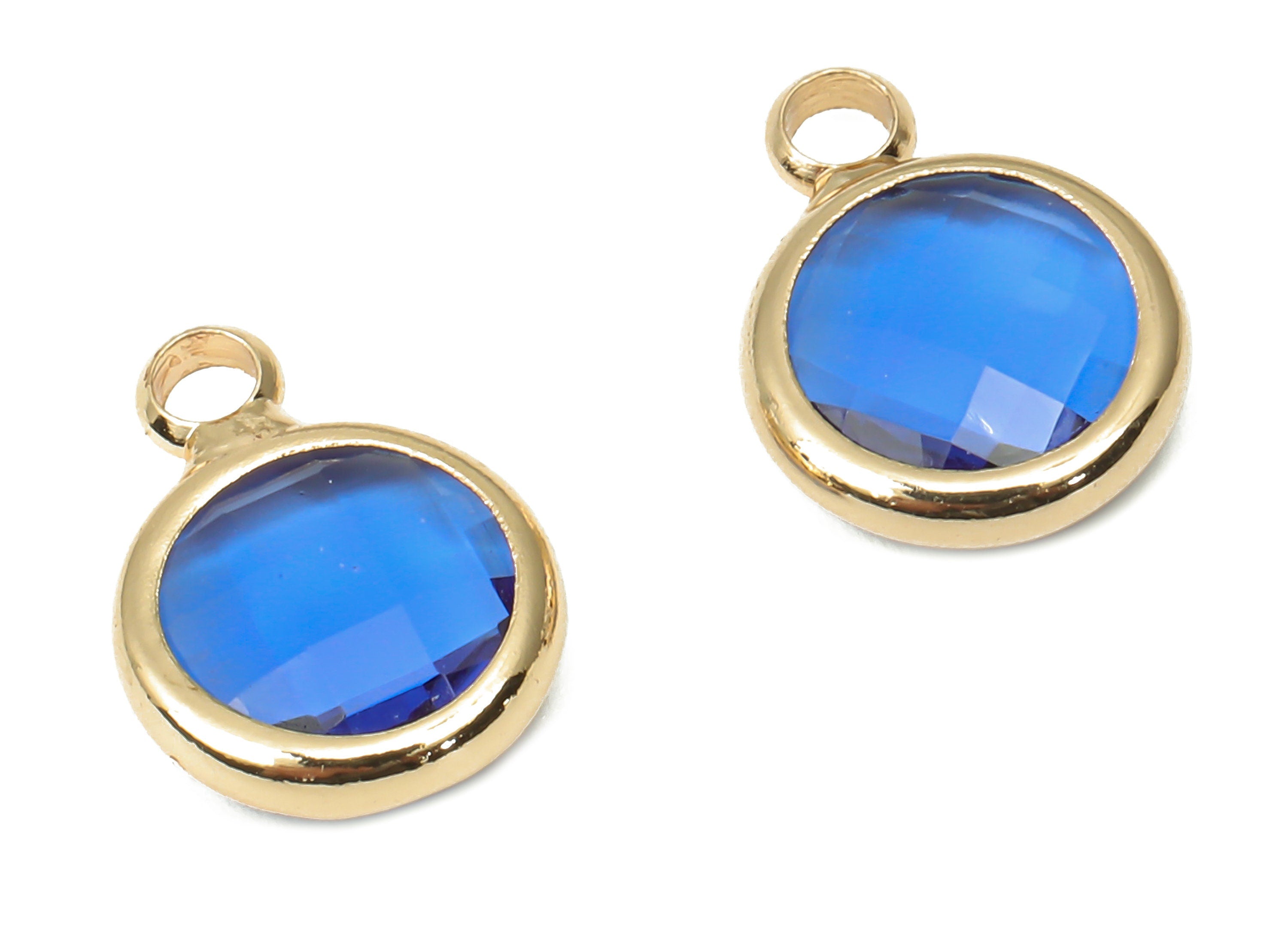 Brass Frame Glass Pendant - Round Frame Charm With Loop - Gold Tone Plating Earring - Faceted Clear Blue Glass - 11.5x8.7x3mm - GS1142D - DOMEDBAZAAR