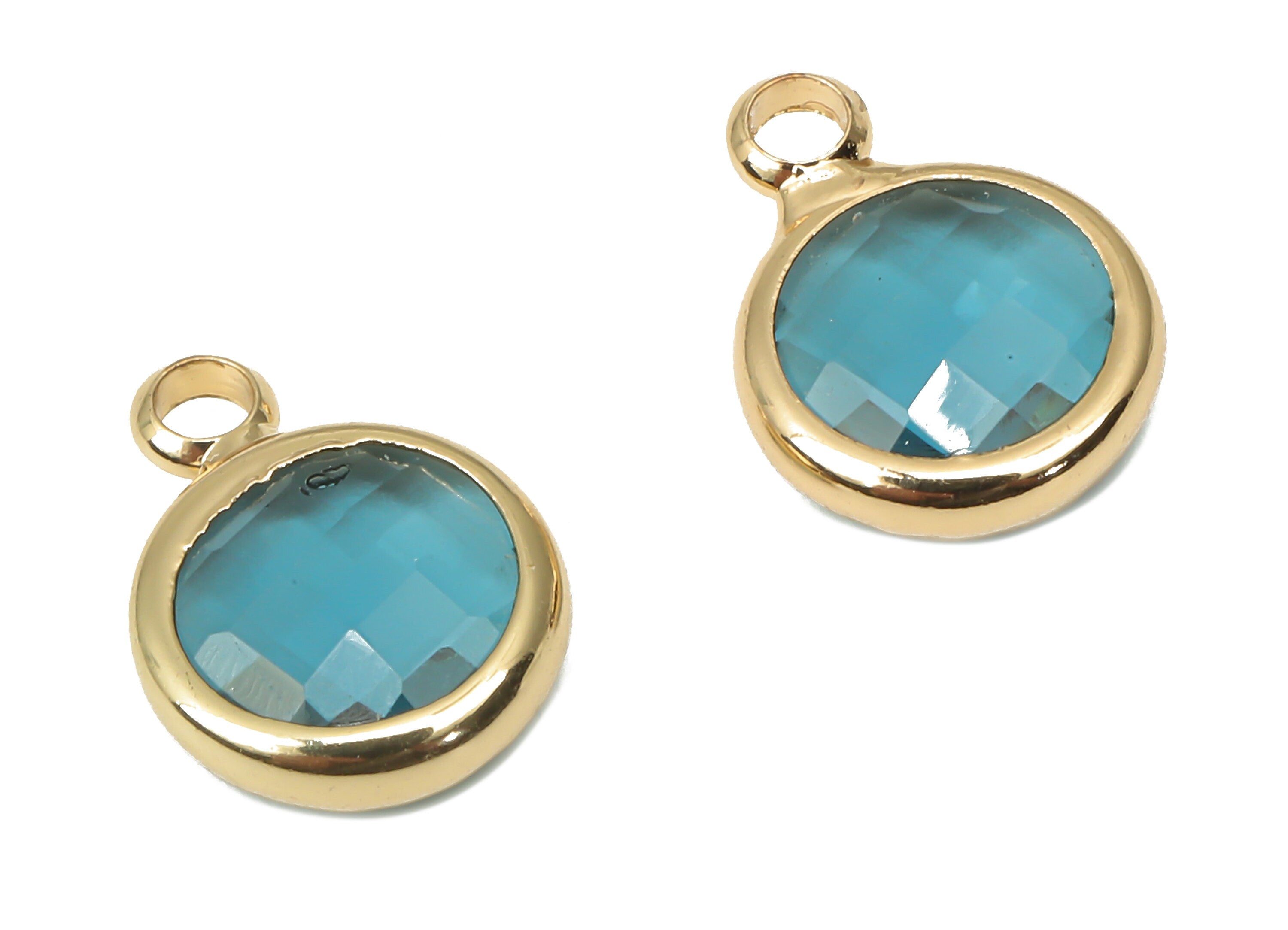 Brass Frame Glass Pendant - Round Frame Charm With Loop - Gold Tone Plating Earring - Faceted Clear Blue Glass - 11.5x8.7x3mm - GS1142F - DOMEDBAZAAR