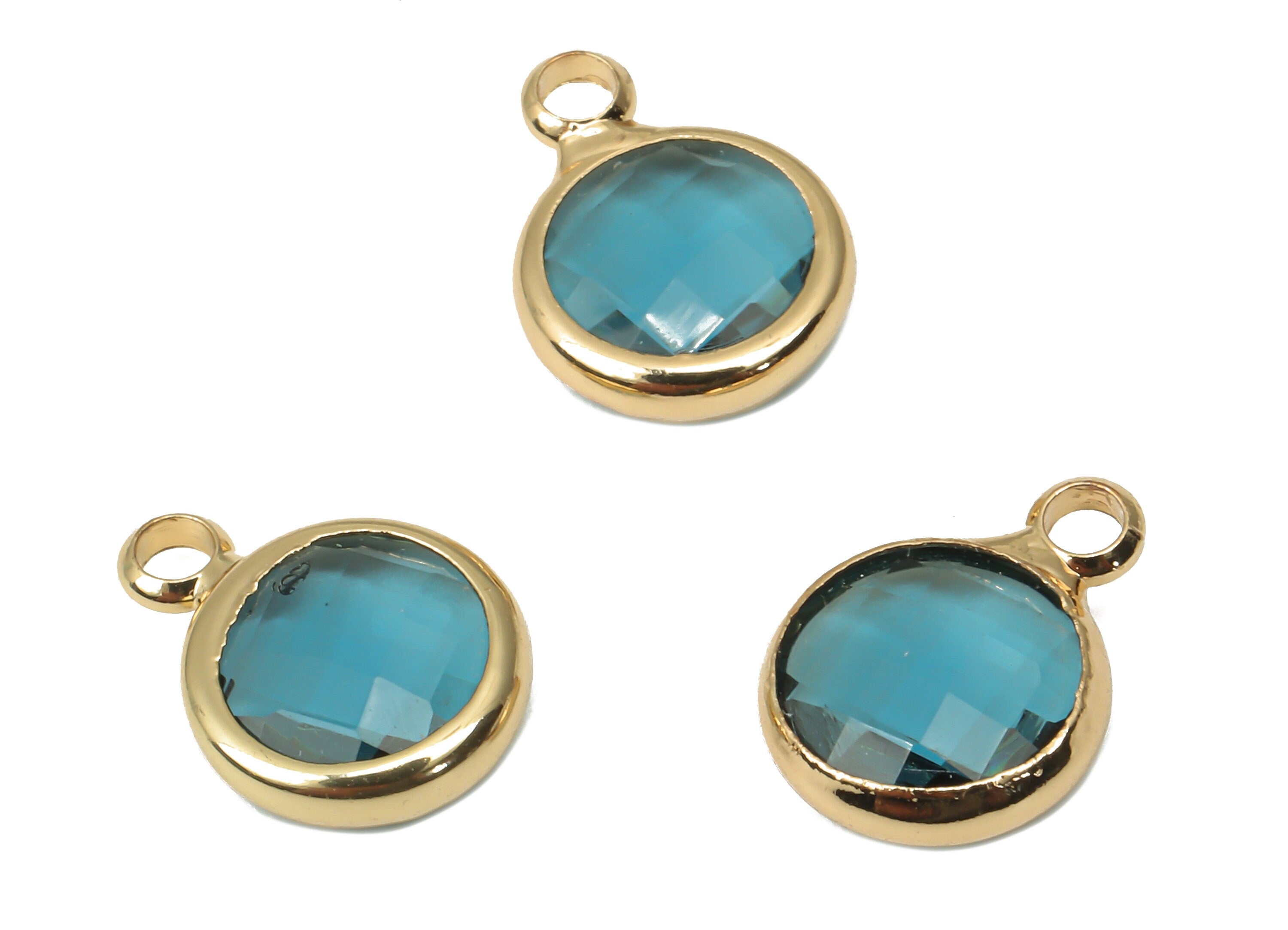 Brass Frame Glass Pendant - Round Frame Charm With Loop - Gold Tone Plating Earring - Faceted Clear Blue Glass - 11.5x8.7x3mm - GS1142F - DOMEDBAZAAR