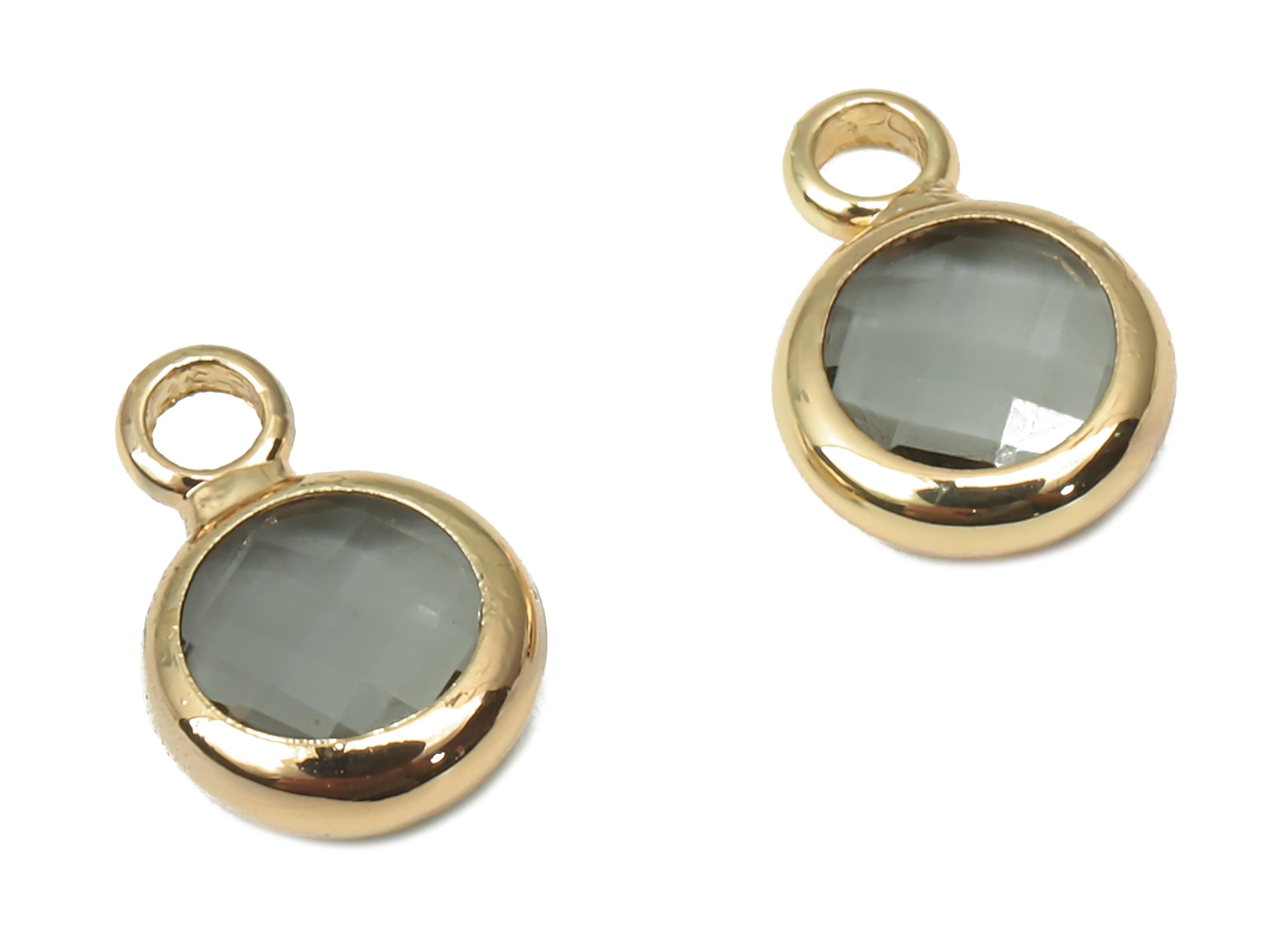 Brass Frame Glass Pendant - Mini Round Frame Charm With Loop - Gold Tone Plating Earring - Faceted Clear Gray Glass - 9.6x6.5x2.6mm -GS1143D - DOMEDBAZAAR