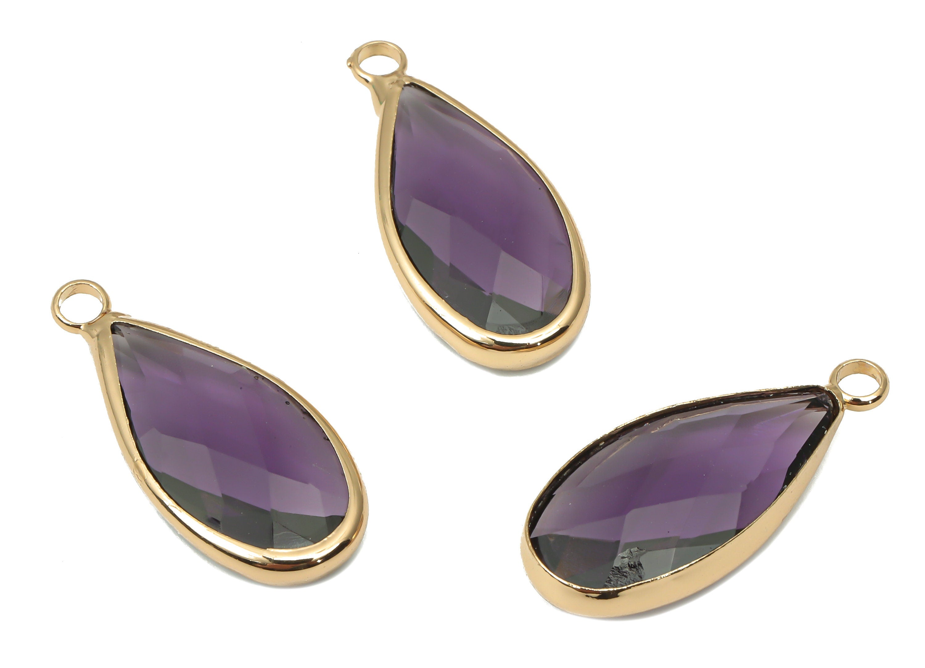 Brass Frame Teardrop Glass Pendant - Drop Charm With Loop - Gold Tone Plating Earring -Faceted Clear Purple Glass -24.1x10.7x4.5mm-GS1144A - DOMEDBAZAAR