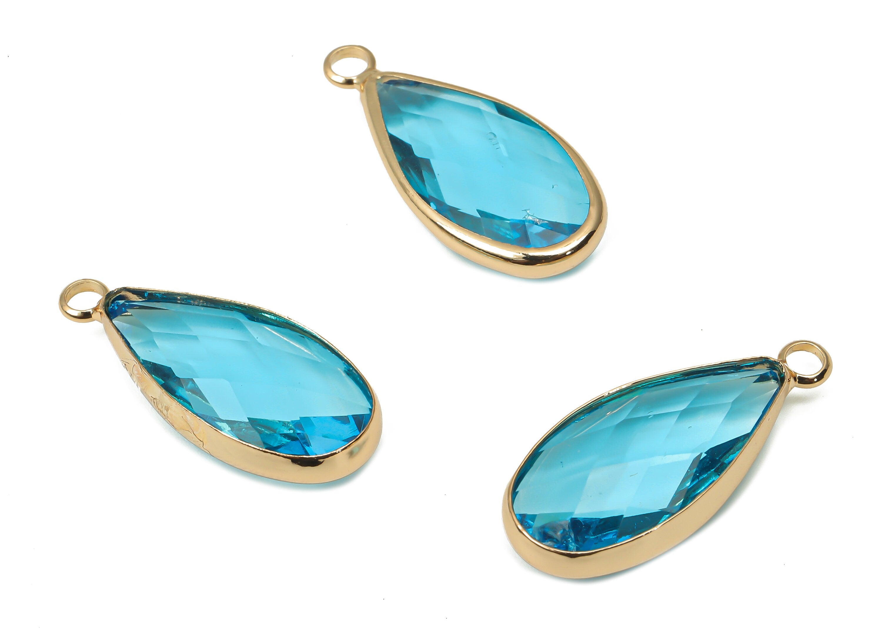 Brass Frame Teardrop Glass Pendant - Drop Charm With Loop - Gold Tone Plating Earring -Faceted Clear Blue Glass -24.1x10.7x4.5mm-GS1144B - DOMEDBAZAAR