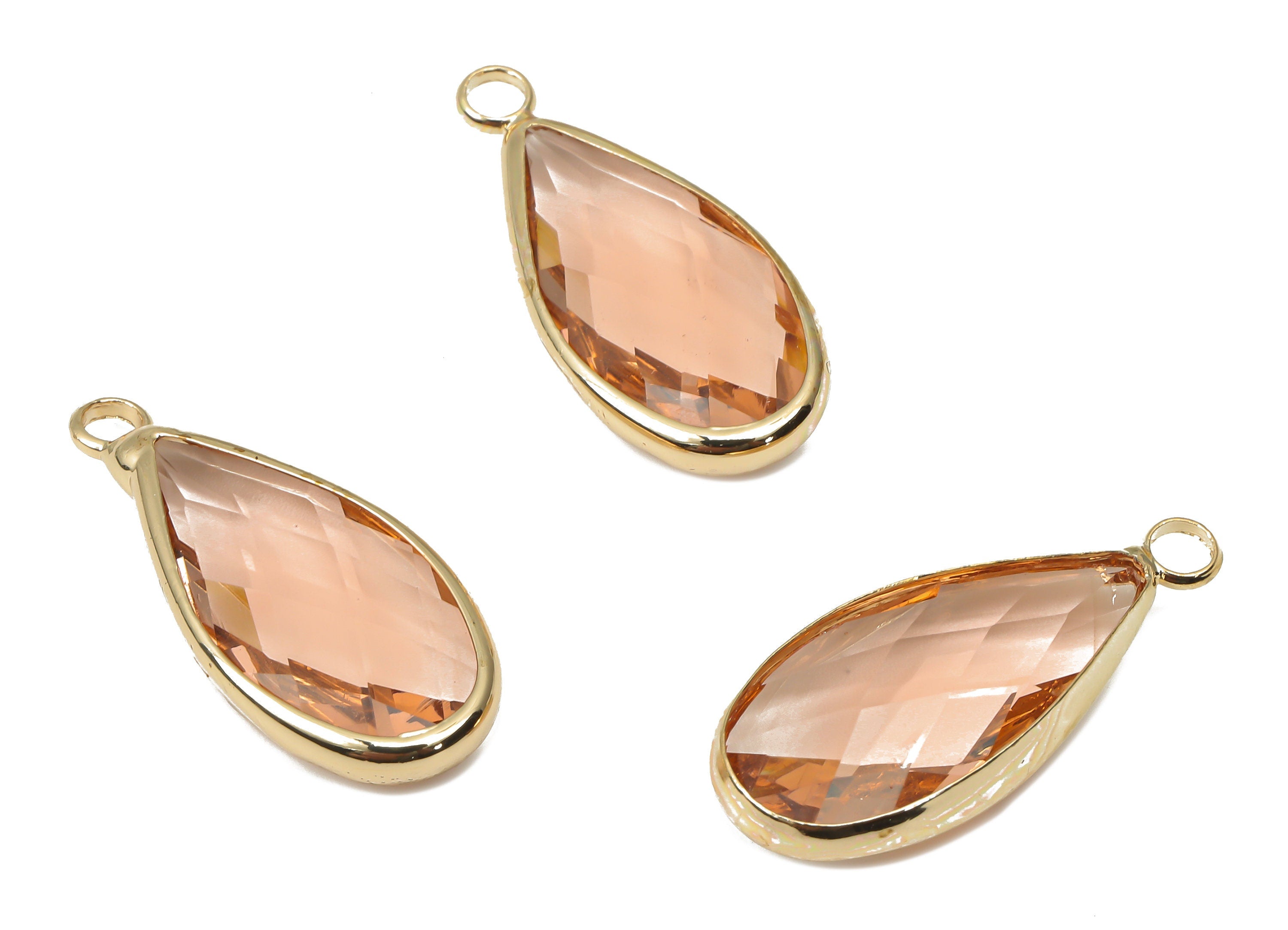 Brass Frame Teardrop Glass Pendant - Frame Drop Charm With Loop - Gold Tone Plating - Faceted Clear Pink Glass - 24.1x10.7x4.5mm - GS1144C - DOMEDBAZAAR
