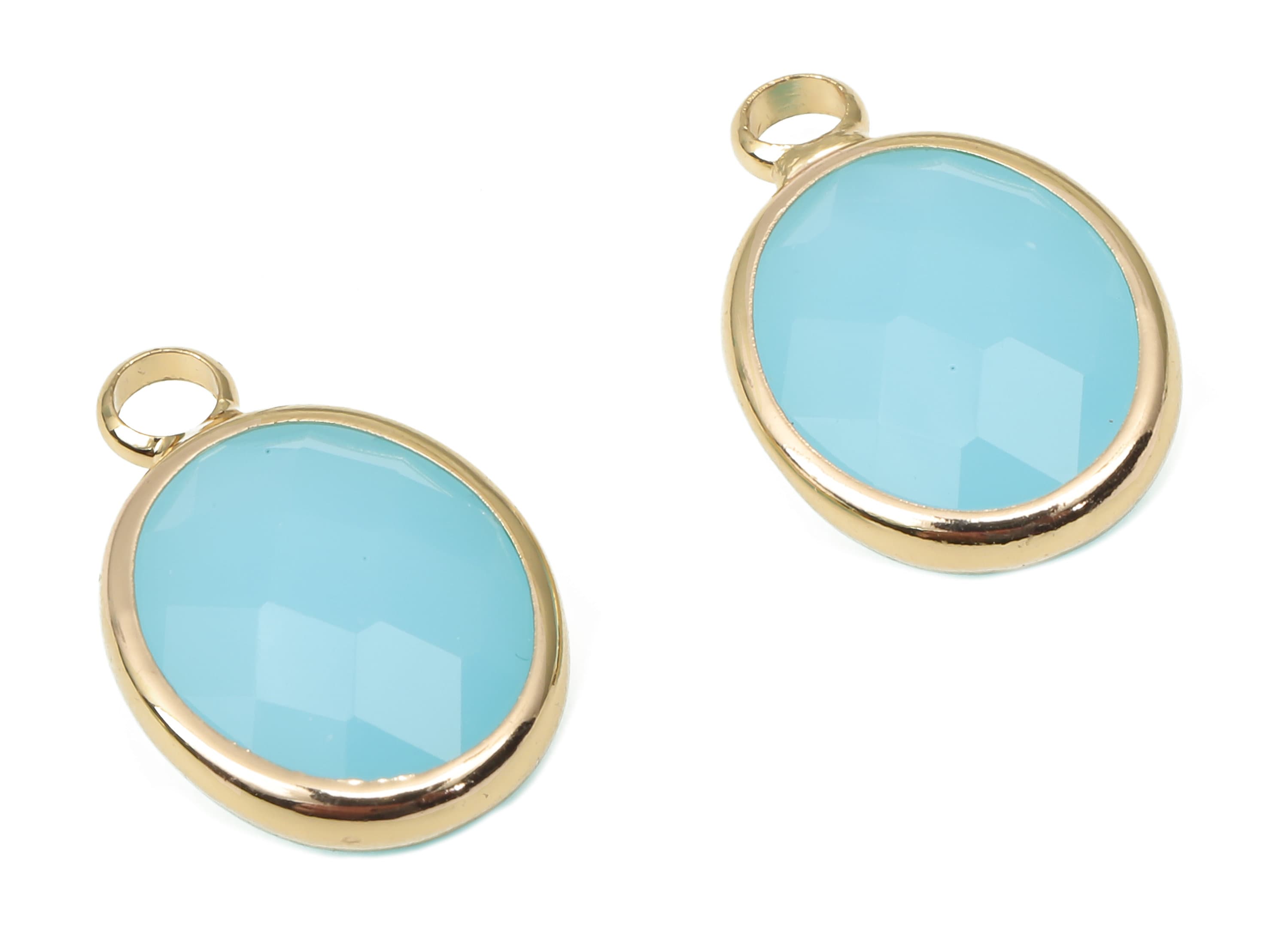 Brass Frame Oval Glass Pendant - Light Blue Necklace - Charm With Loop - Gold Tone Plating Earring - Faceted Glass - 16.1x10.6x4.4mm-GS1145C - DOMEDBAZAAR