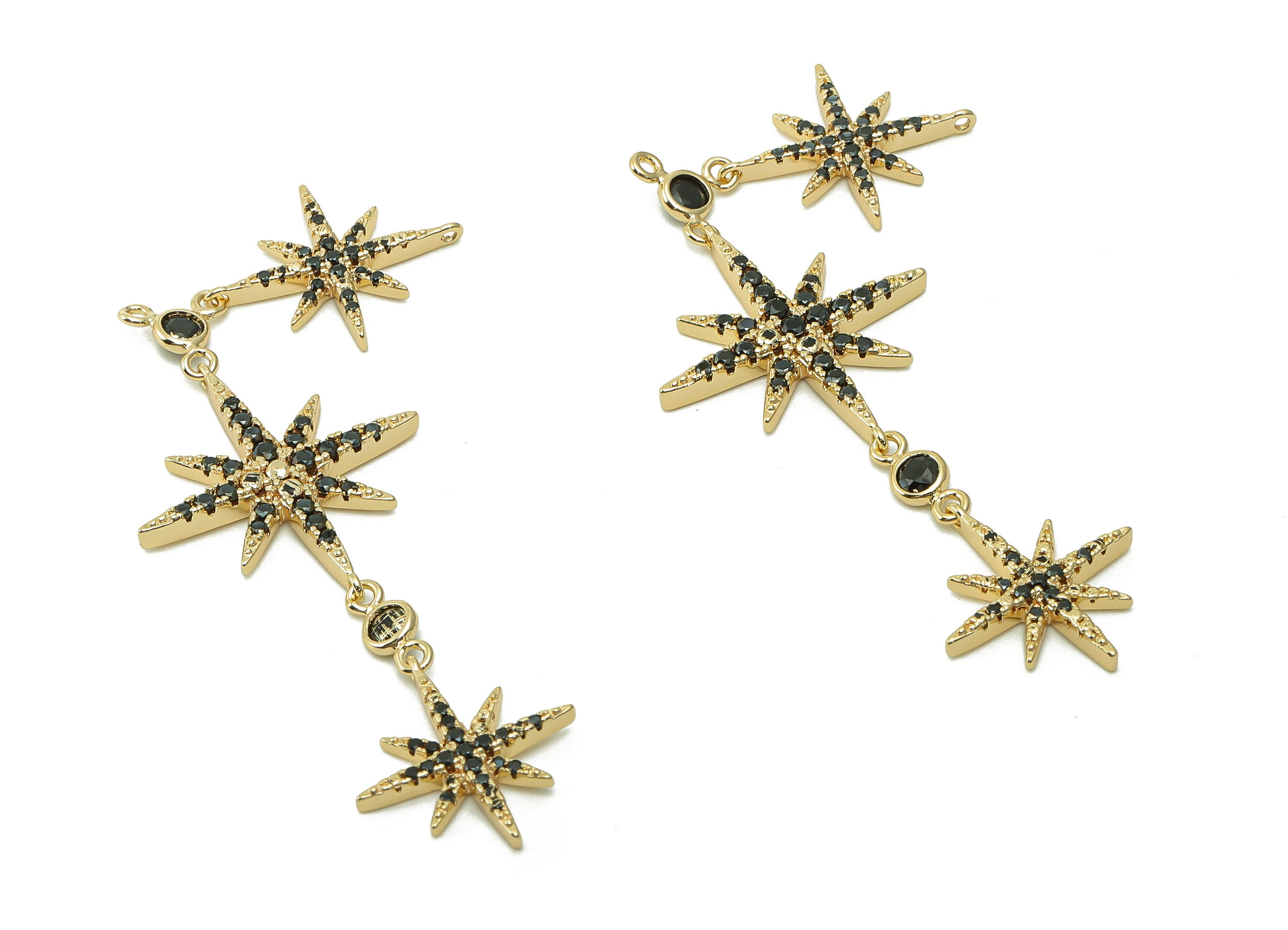 Brass North Star Earring Charm - Gold Hanging Stars Earring - Black Zircon Bracelet With Loop - 18K Real Gold Plating -69.7x20.4x3mm-RGP5395 - DOMEDBAZAAR
