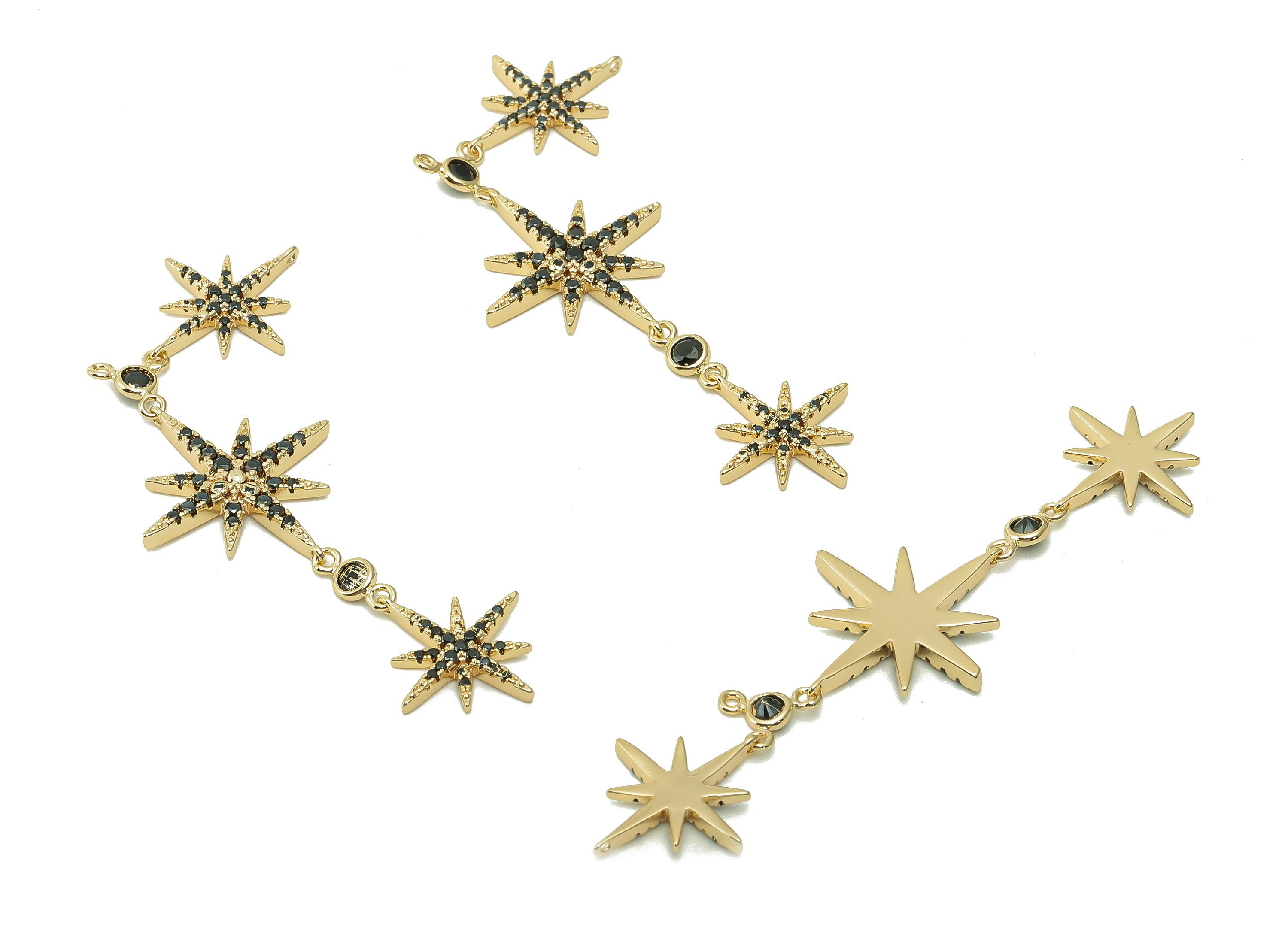 Brass North Star Earring Charm - Gold Hanging Stars Earring - Black Zircon Bracelet With Loop - 18K Real Gold Plating -69.7x20.4x3mm-RGP5395 - DOMEDBAZAAR