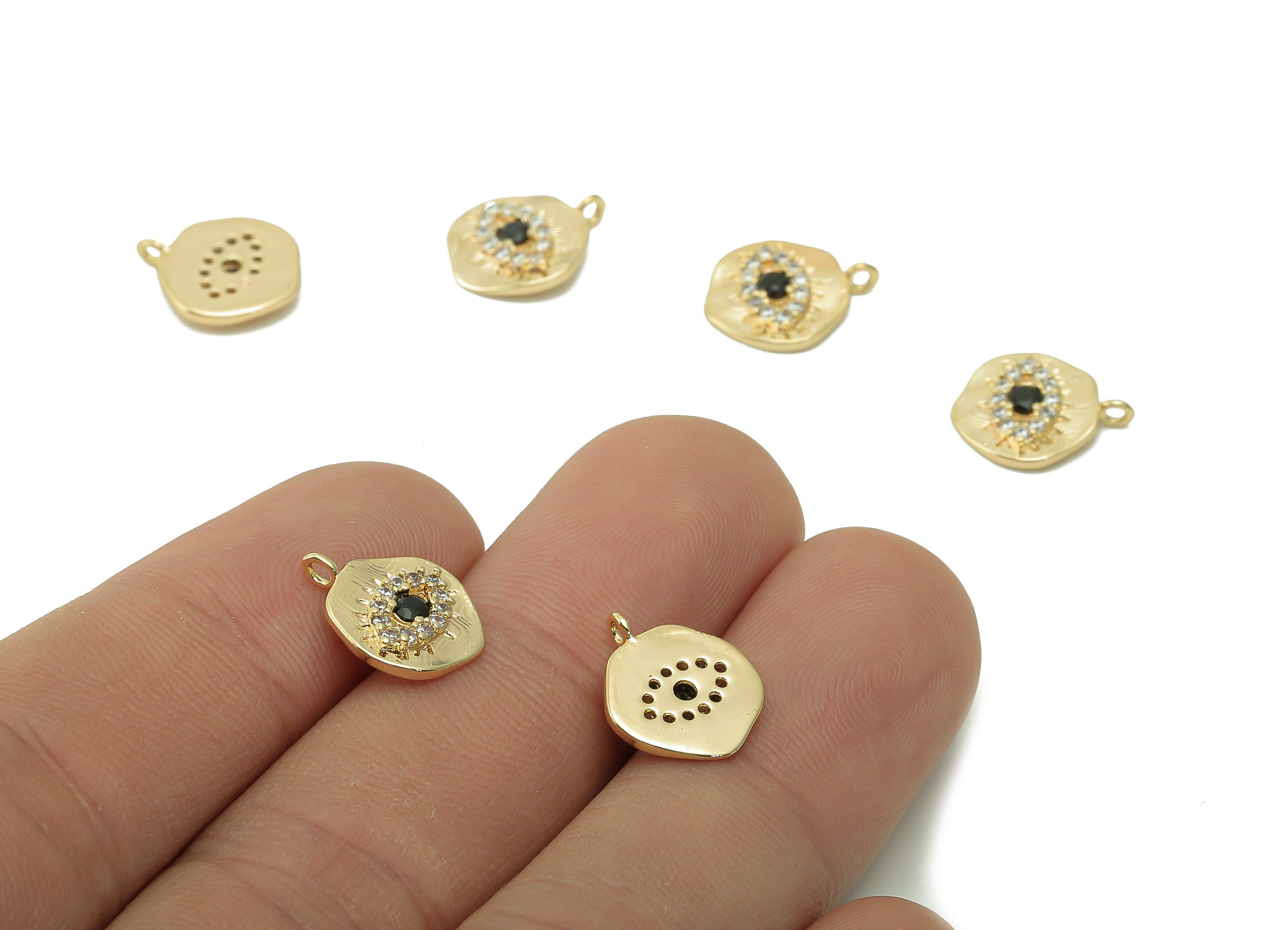 Brass Round Eye Earring Charm - Zircon Gold Circle Eyelash Earring - Pendant With Loop - 18K Real Gold Plating Charm - 12.9x10.7x2mm-RGP5401 - DOMEDBAZAAR