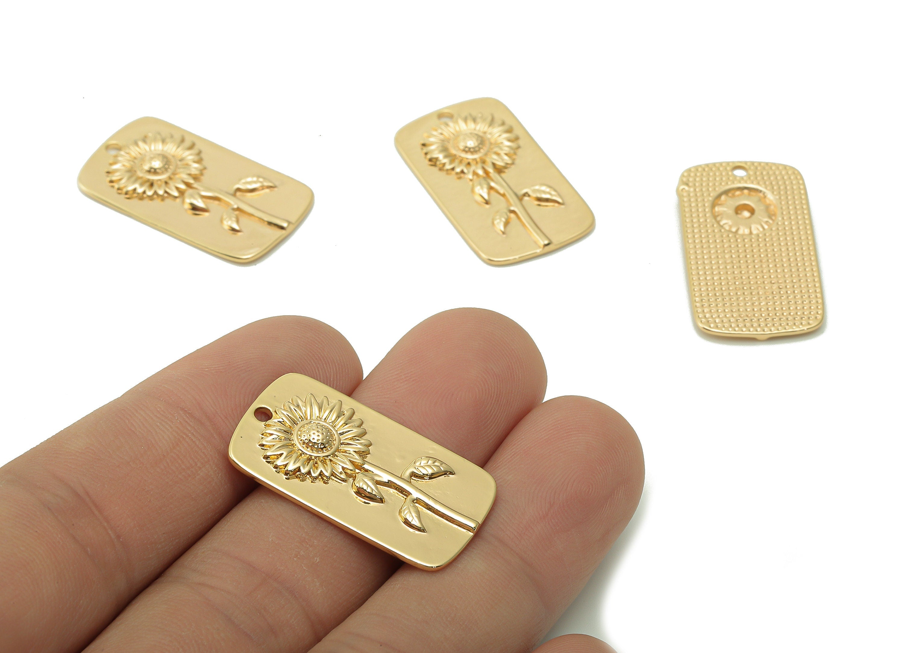 Brass Rectangle Plant Earring Charms - Gold Relief Sunflower Charm - Botanical Pendant - 18K Real Gold Plating - 28.3x15.8x2.1mm - RGP5402 - DOMEDBAZAAR