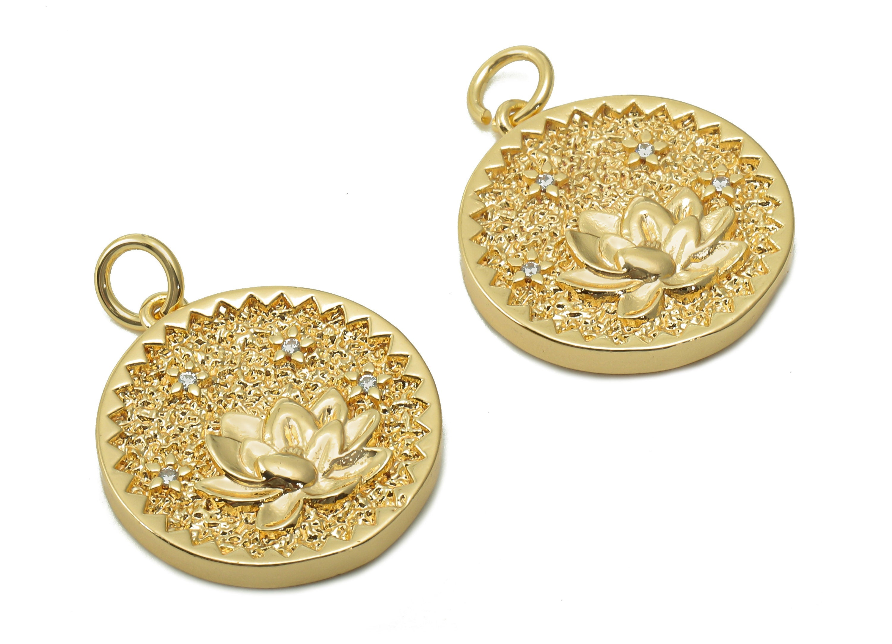Brass Zig Zag Round Pendant - Zircon Lotus Flower Earring - Botanical Charm With Loop - 18K Real Gold Plating - 19.5x17.5x2.5mm - RGP5409A - DOMEDBAZAAR