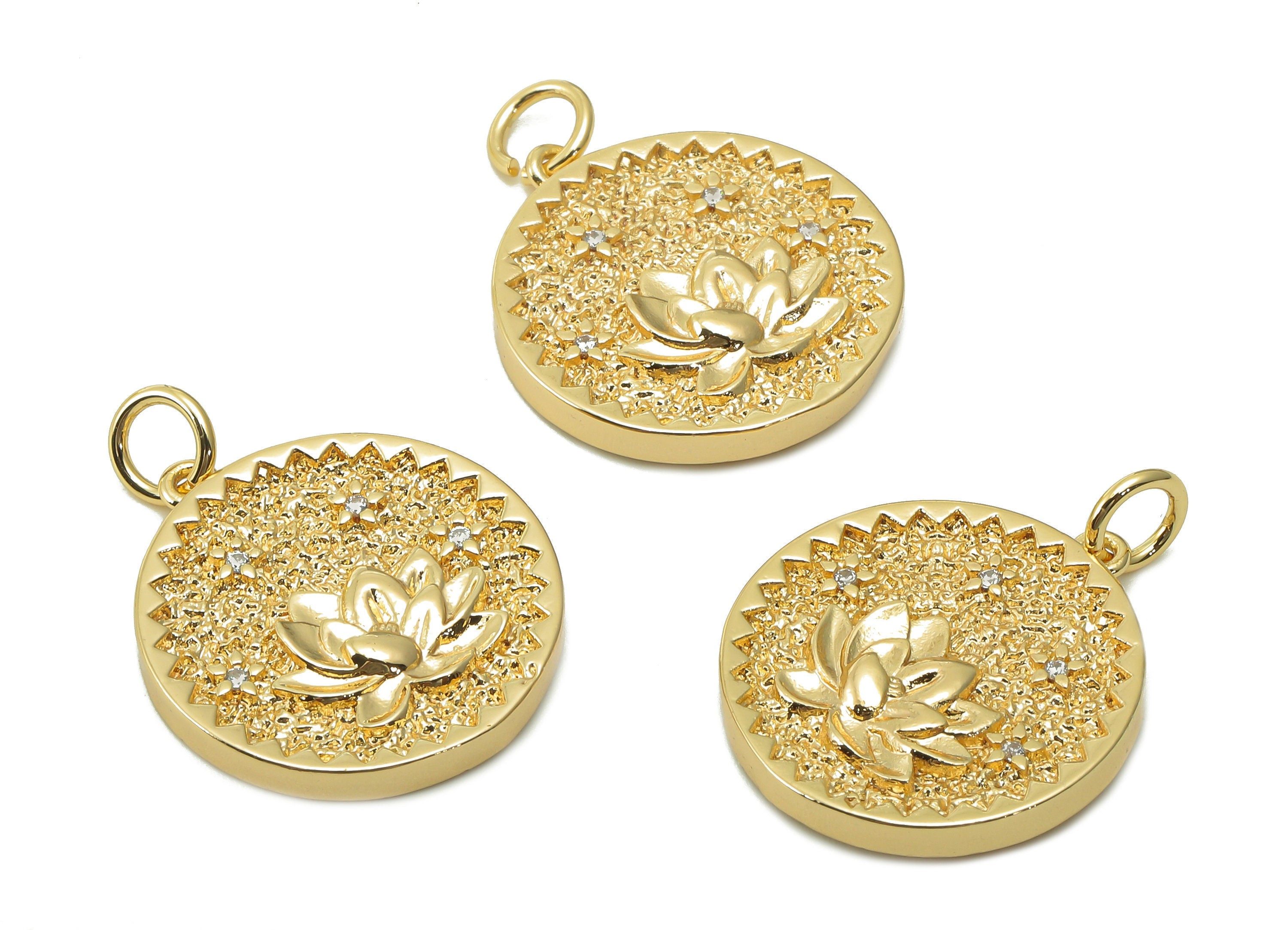 Brass Zig Zag Round Pendant - Zircon Lotus Flower Earring - Botanical Charm With Loop - 18K Real Gold Plating - 19.5x17.5x2.5mm - RGP5409A - DOMEDBAZAAR