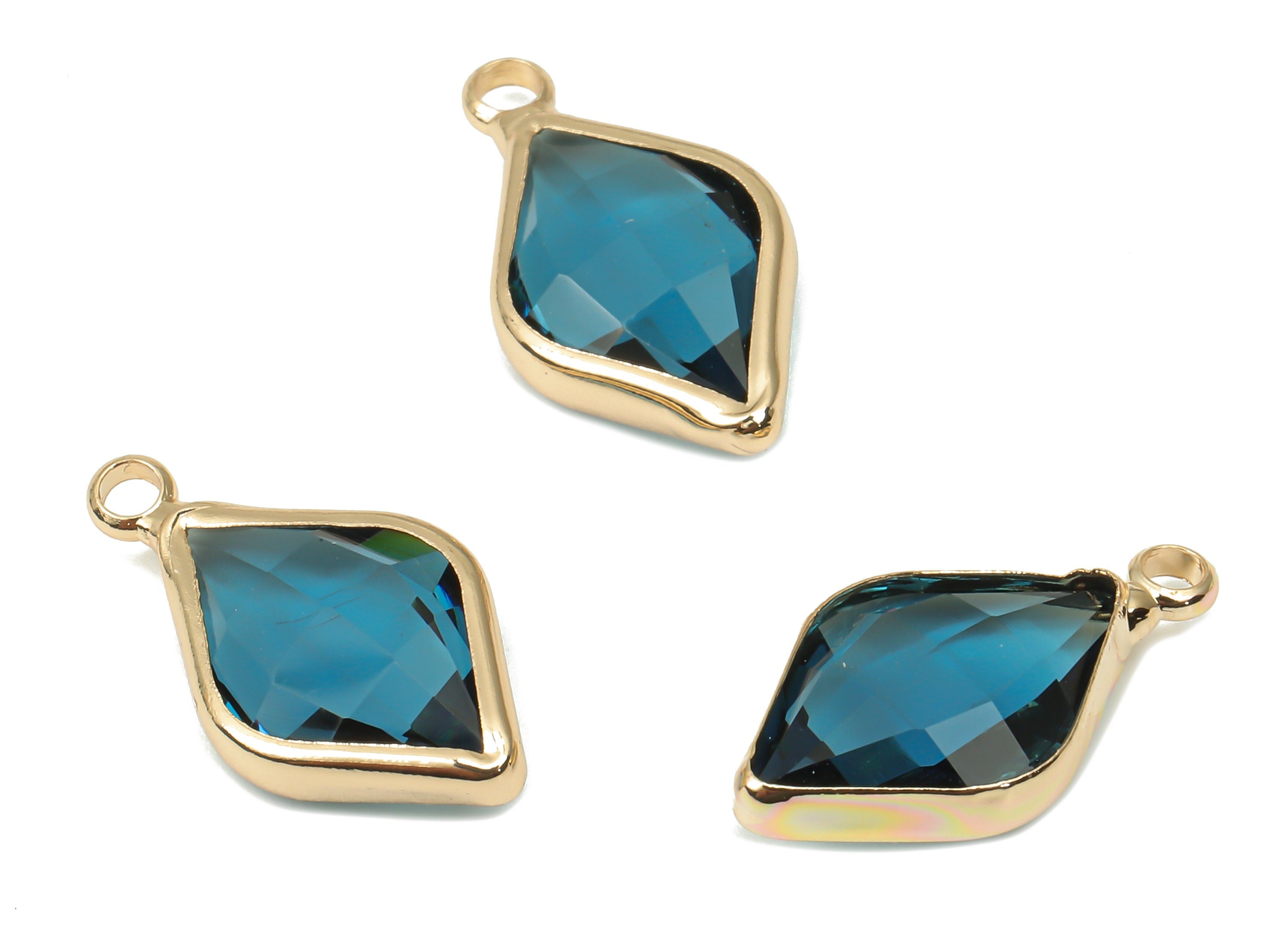 Brass Frame Glass Diamond Pendant - Clear Blue Rhombic Earring With Loop - Gold Tone Plating - Faceted Glass Leaf Charm -17.8x10x5mm-GS1146A - DOMEDBAZAAR