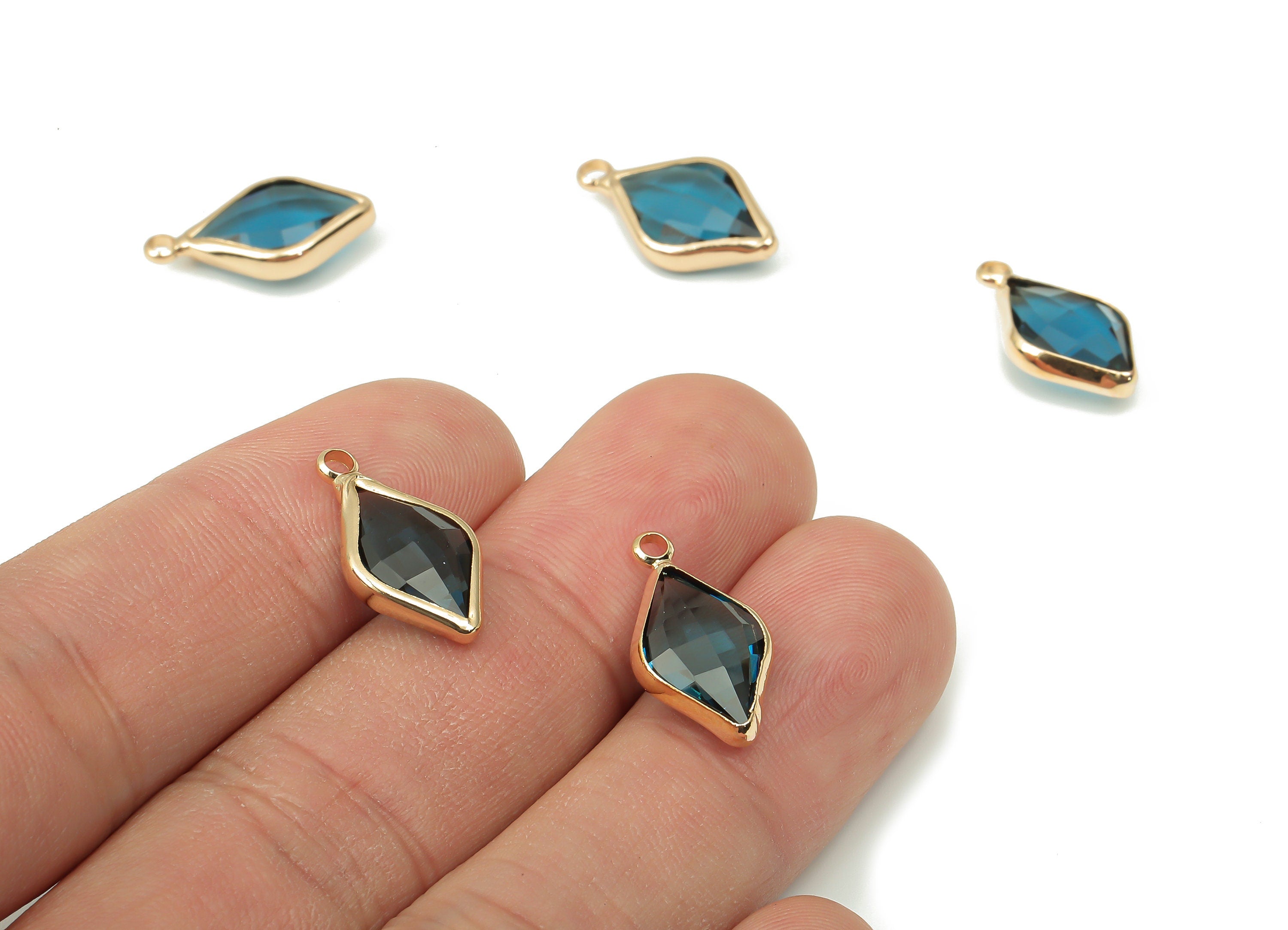 Brass Frame Glass Diamond Pendant - Clear Blue Rhombic Earring With Loop - Gold Tone Plating - Faceted Glass Leaf Charm -17.8x10x5mm-GS1146A - DOMEDBAZAAR
