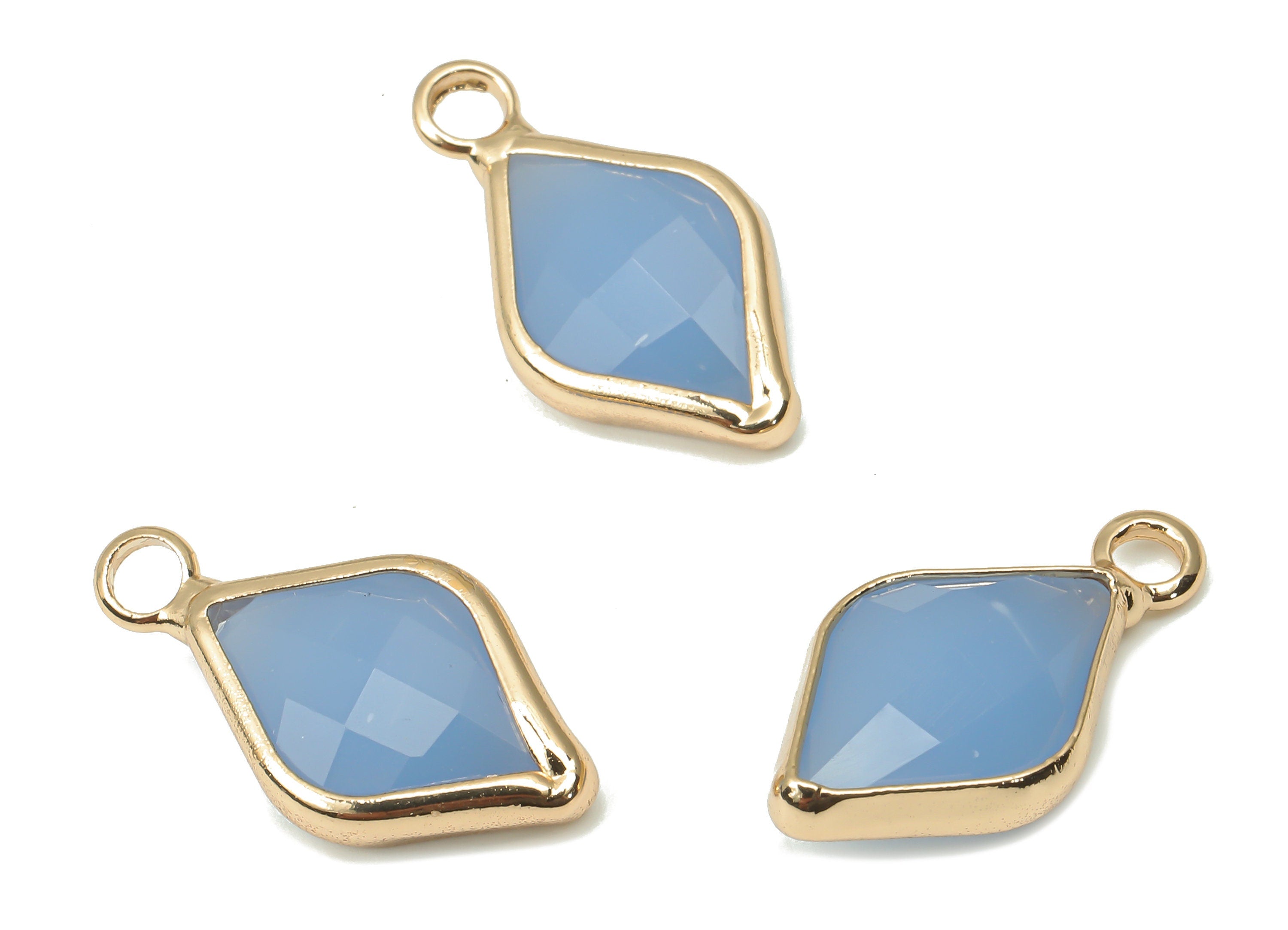 Brass Frame Glass Diamond Pendant - Light Blue Rhombic Earring With Loop - Gold Tone Plating - Faceted Glass Leaf Charm-17.8x10x5mm -GS1146C - DOMEDBAZAAR