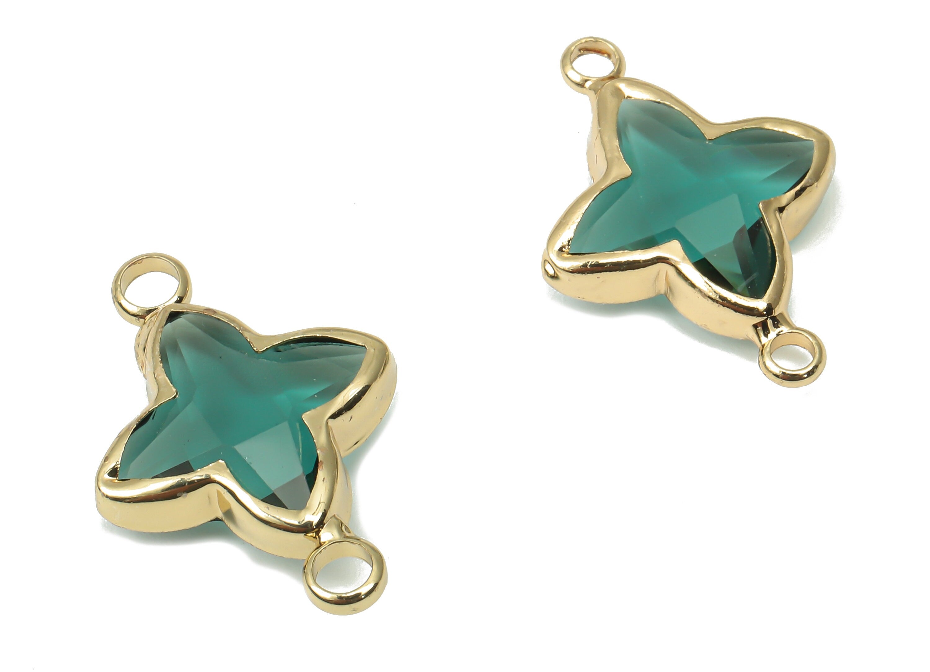 Brass Frame Glass North Star Connector - Four-Pointed Star Bracelet Charm - Gold Tone Plating-Faceted Clear Blue Glass-20x14.4x4.4mm-GS1147A - DOMEDBAZAAR
