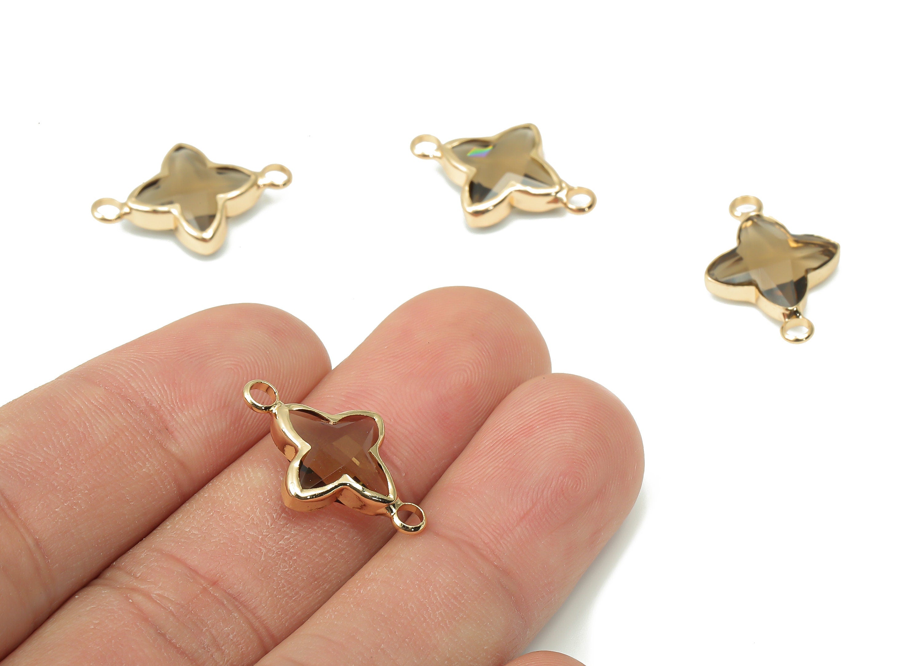 Brass Frame Glass North Star Connector - Four-Pointed Star Bracelet Charm -Gold Tone Plating-Faceted Clear Black Glass-20x14.4x4.4mm-GS1147B - DOMEDBAZAAR