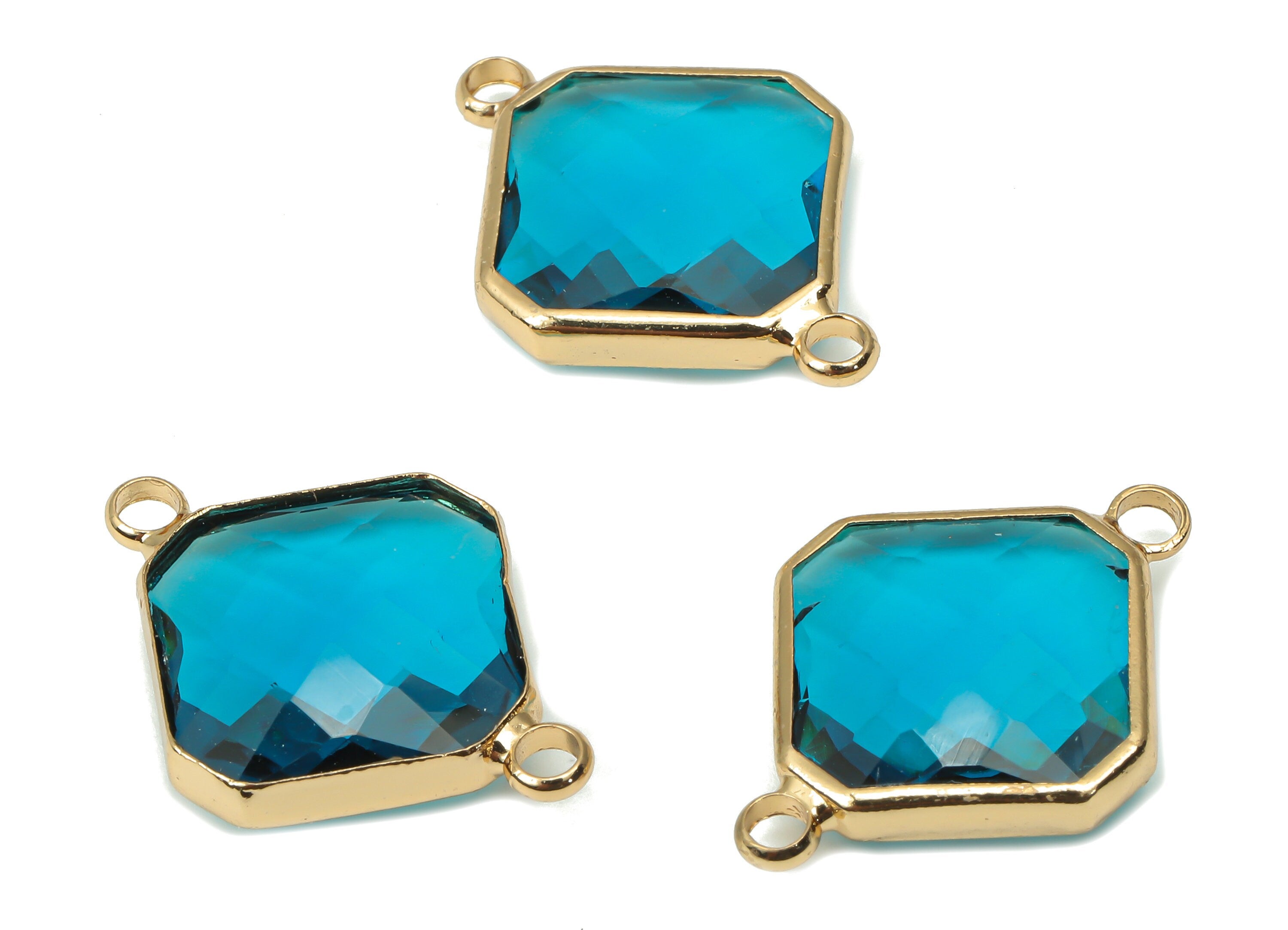 Brass Frame Glass Diamond Connectors - Rhombic Bracelet Charm - Gold Tone Plating - Faceted Clear Blue Glass - 23.9x17.1x5.1mm - GS1148B - DOMEDBAZAAR