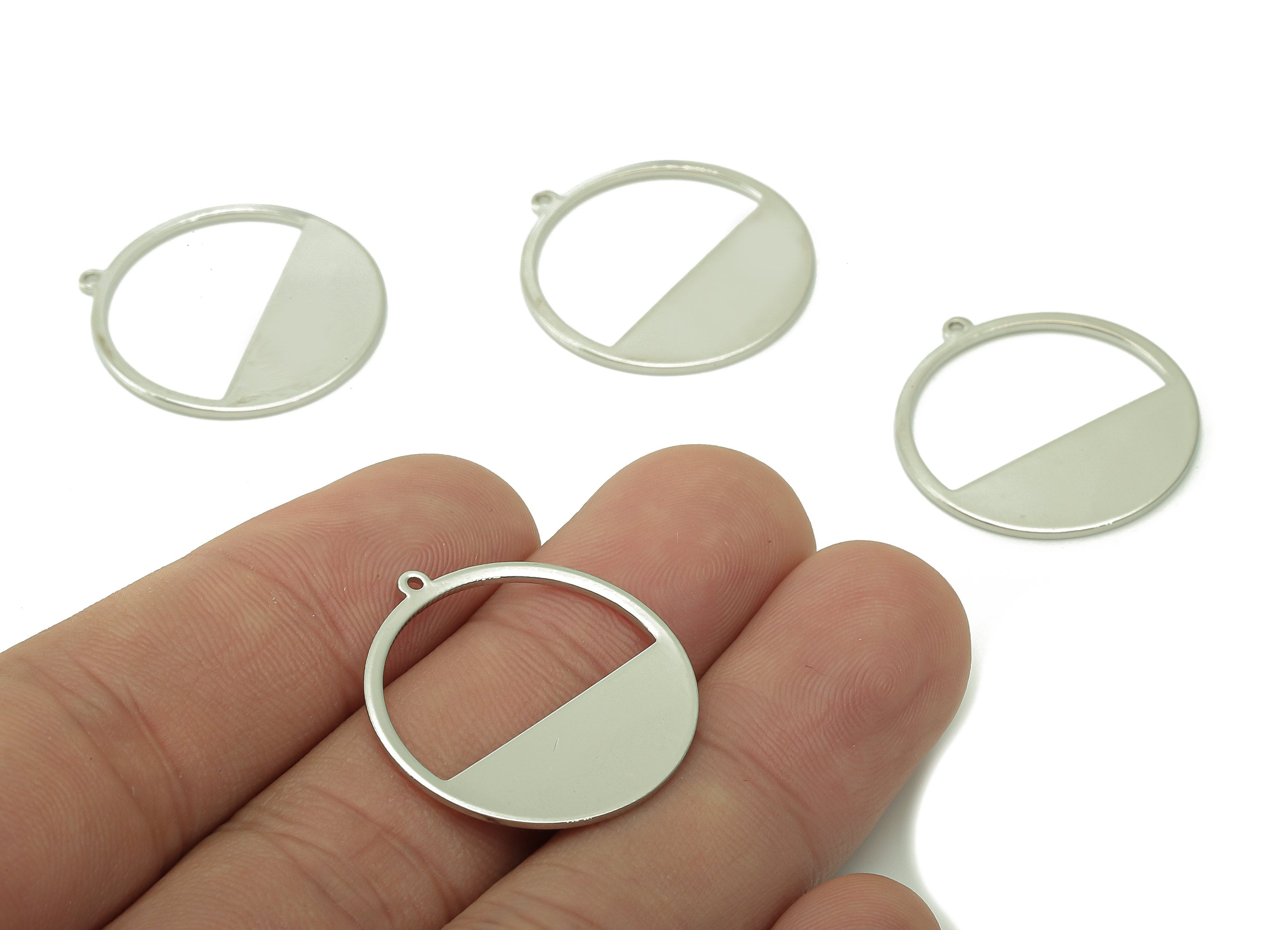 Steel Round Earring Charms - Semicircle Pendant With Loop - 201 Stainless Steel - 18K Real White Gold Plating - 25.7x24.2x1.1mm - SS1406S - DOMEDBAZAAR