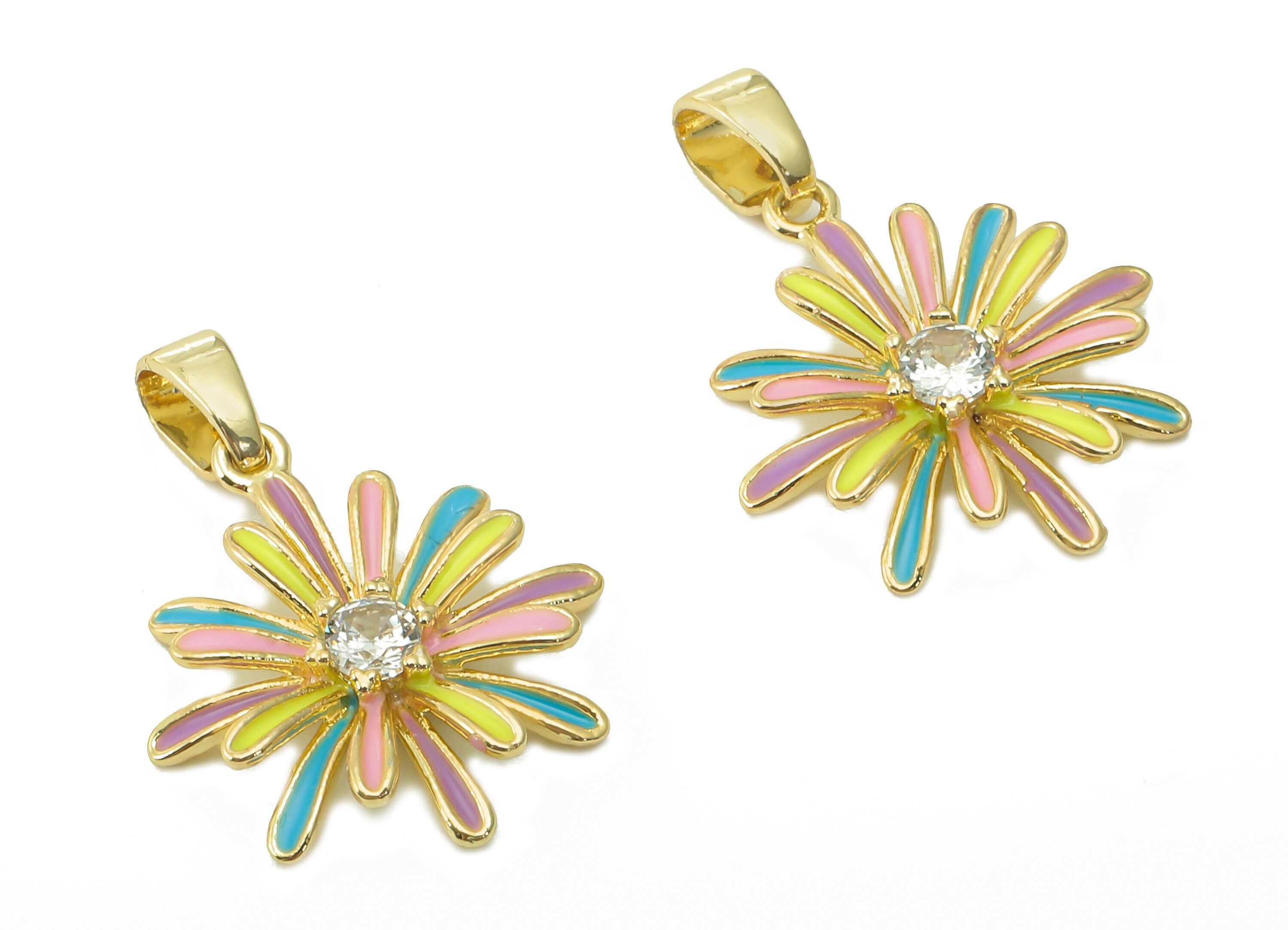 Brass Multicolor Enamel Flower Pendant - Zircon Daisy Earring With Loop - For Necklace - 18K Real Gold Plating - 17.4x15.1x2.7mm -RGP5421B - DOMEDBAZAAR