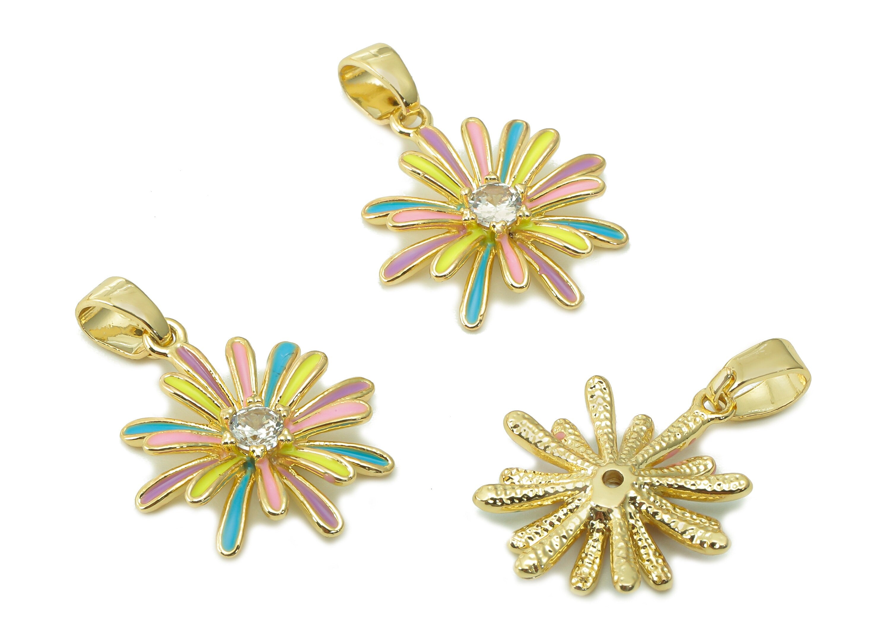 Brass Multicolor Enamel Flower Pendant - Zircon Daisy Earring With Loop - For Necklace - 18K Real Gold Plating - 17.4x15.1x2.7mm -RGP5421B - DOMEDBAZAAR
